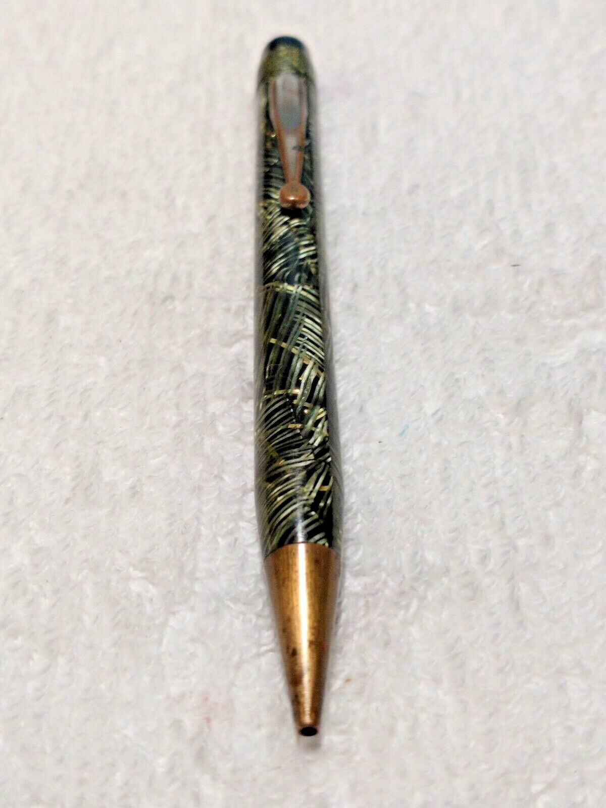VINTAGE CELLULOID MECH PENCIL BLACK AND LIME GREEN OVER SILVER RIBBONS ANTIQUE