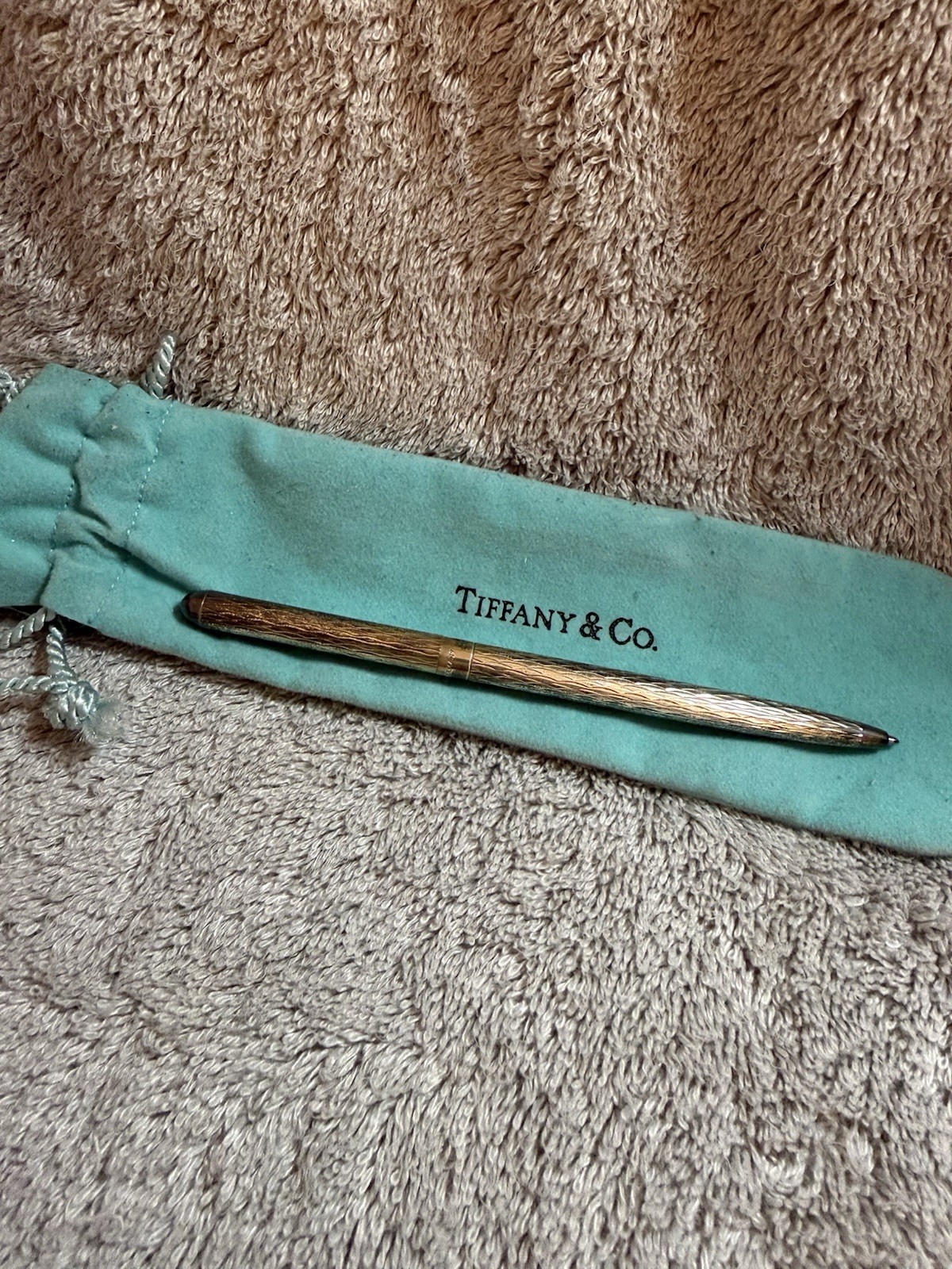 Tiffany & Co. Textured Metal Ballpoint Pen Black Ink Gold Trim w/ Pouch