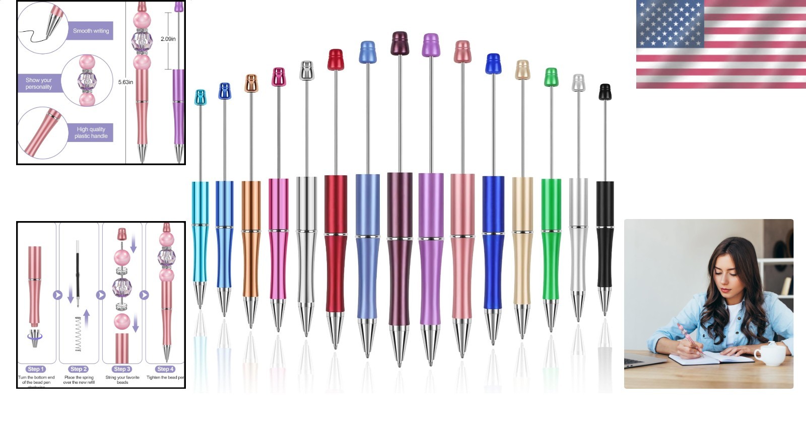 DIY Bead Pens 15 Count, Multicolor Smooth Writing Plastic Ballpoint Crafting Kit