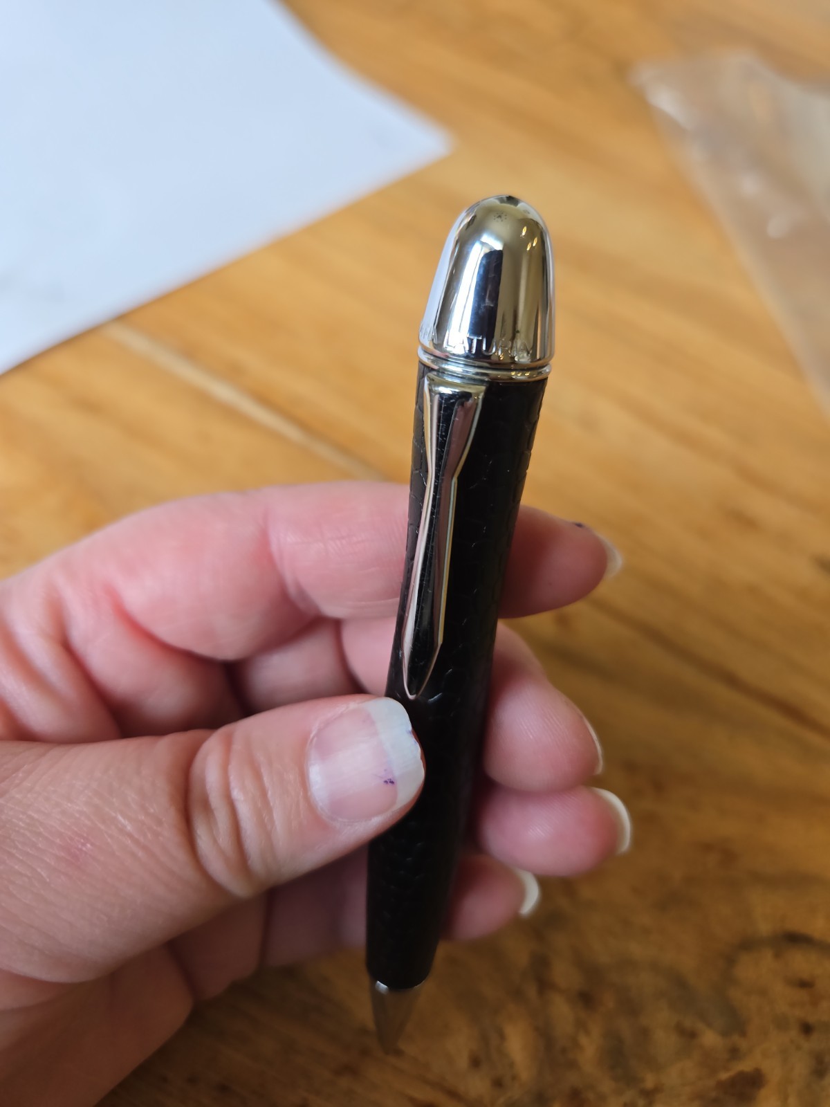 YAFA LATURIA Black LEATHER COVERED BALLPOINT PEN Ink CHROME TRIM FINE BLACK
