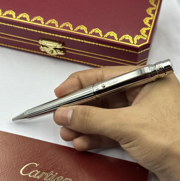 Cartier Santos Ballpoint Pen Silver Trim Luxury Writing Instrument Full Box New