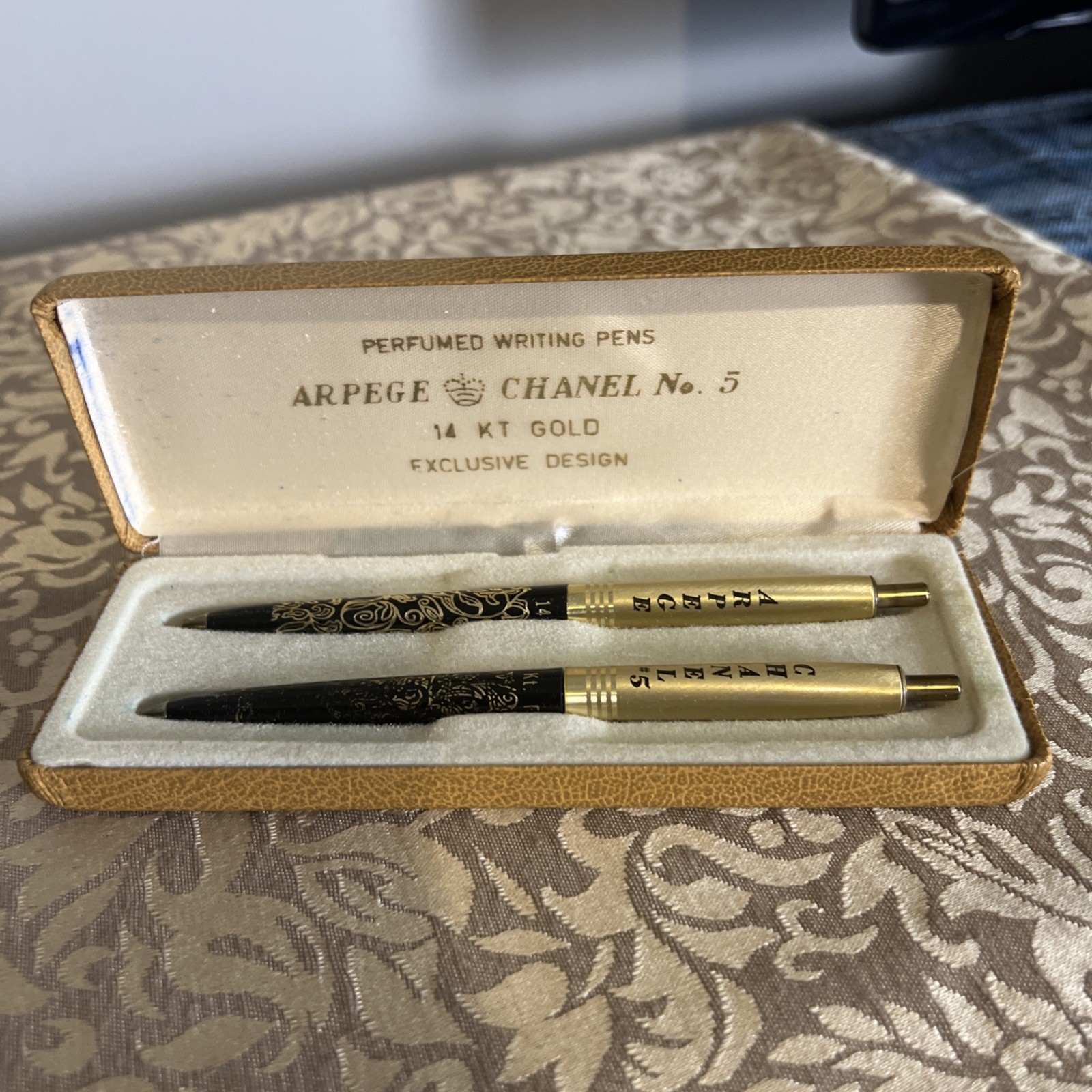 VTG «Arpece & Channel No.5» 14K Gold Filigree Pens Set Needs Ink Case