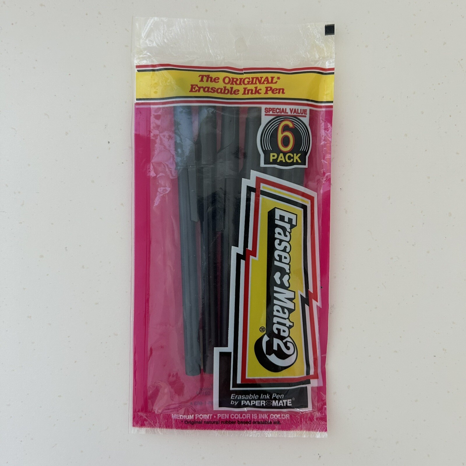 Paper Mate Pens Eraser 2 Gillette Black Ink Med Point 6 Pack Sealed 90s Vtg NOS