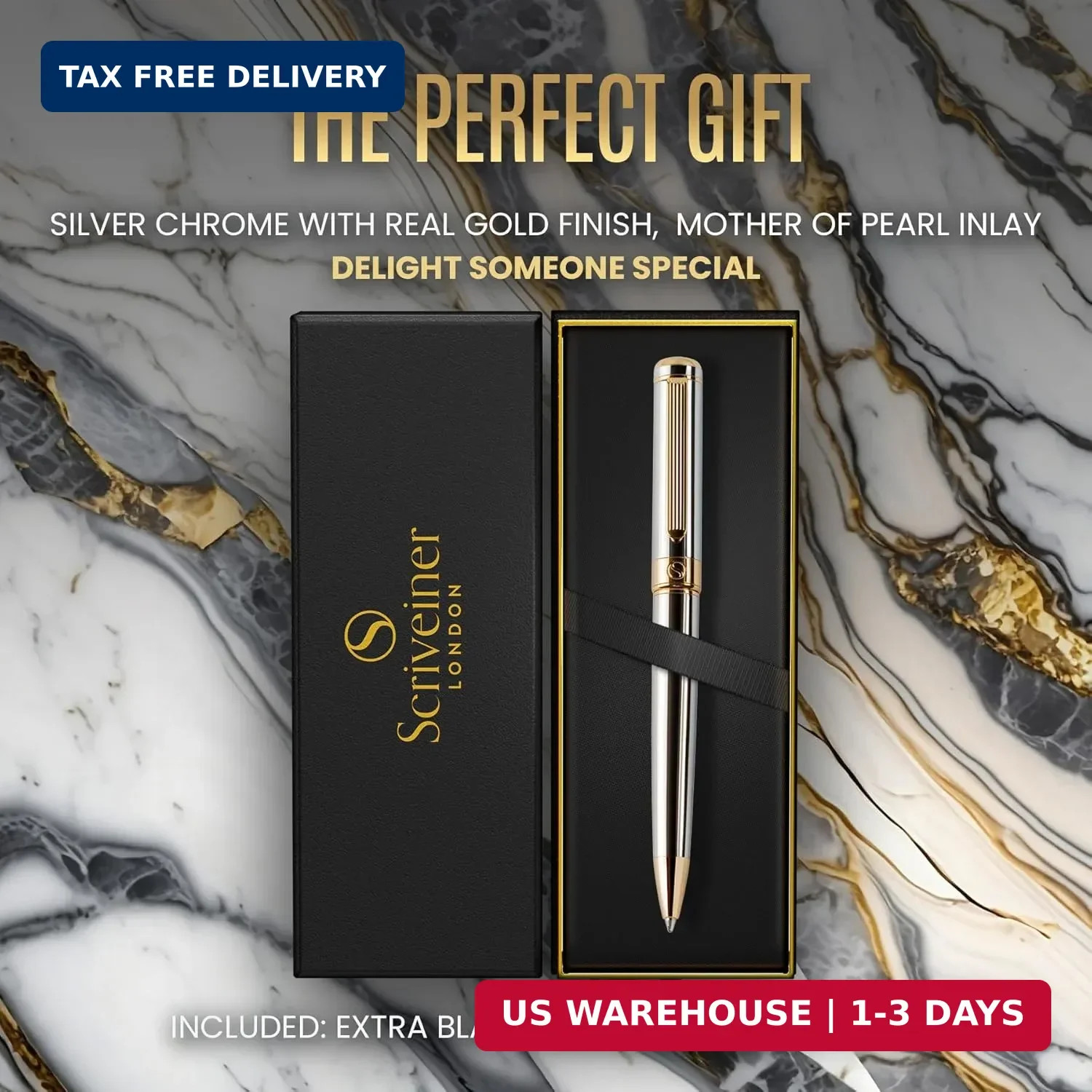 Silver Chrome Ballpoint Pen – Stunning Luxury Pen, Real Gold Plating, Schmidt Bl