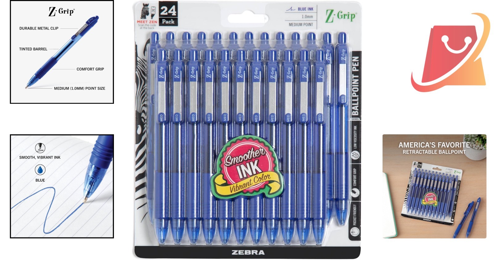 Ballpoint Pen Metal Plastic Blue Ink 1.0mm Medium Retractable 24-Pack