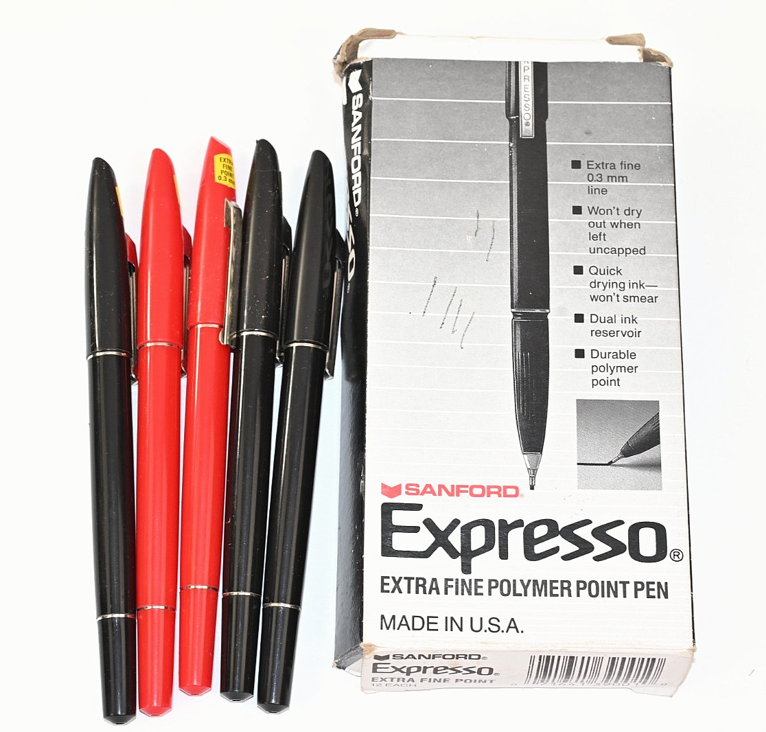 Lot 5 Vintage Sanford Expresso 0.3mm Extra Fine Pens Red Black w/ Box