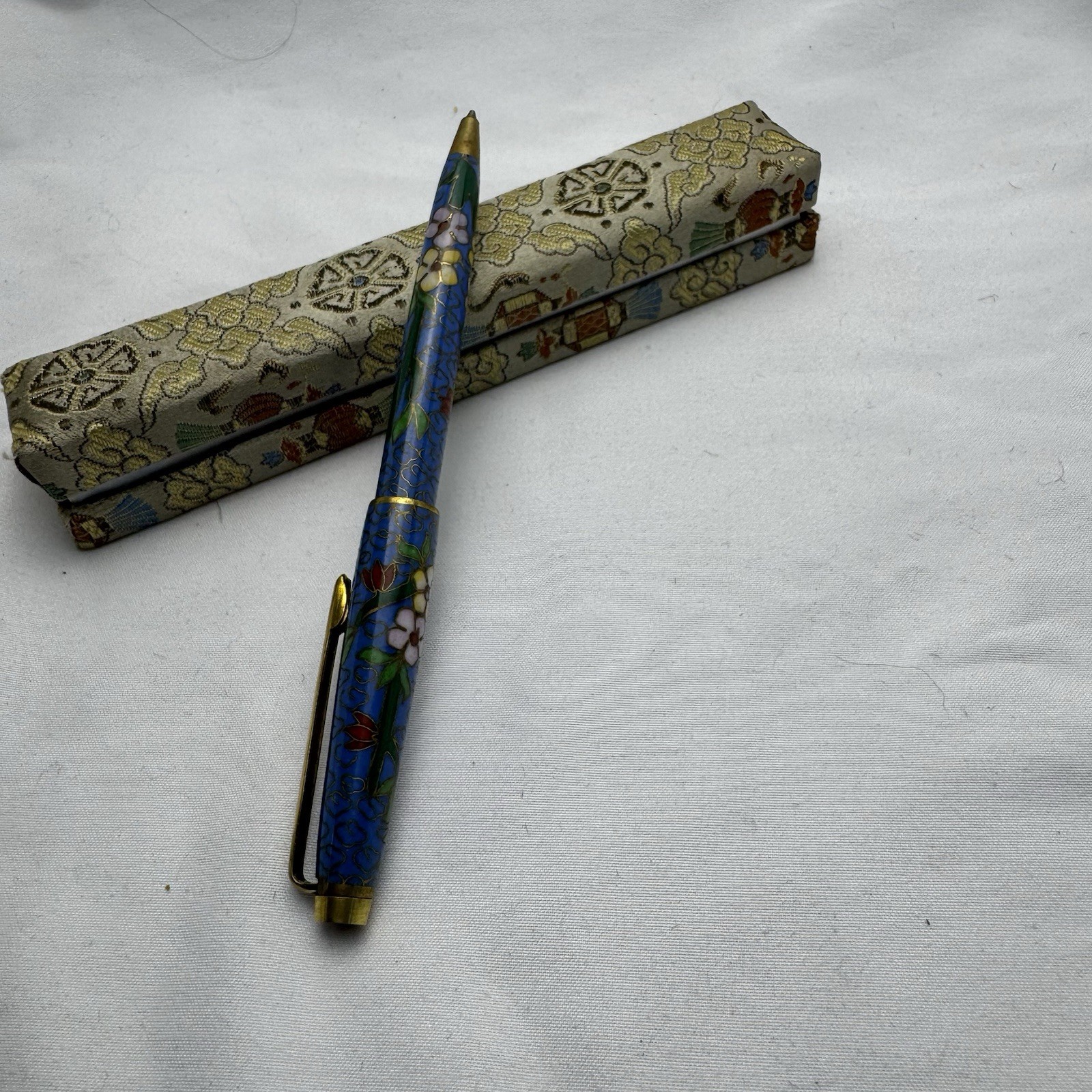 Vintage Cloisonné Enamel Japanese ballpoint Original Box Floral Pattern Blue Ink