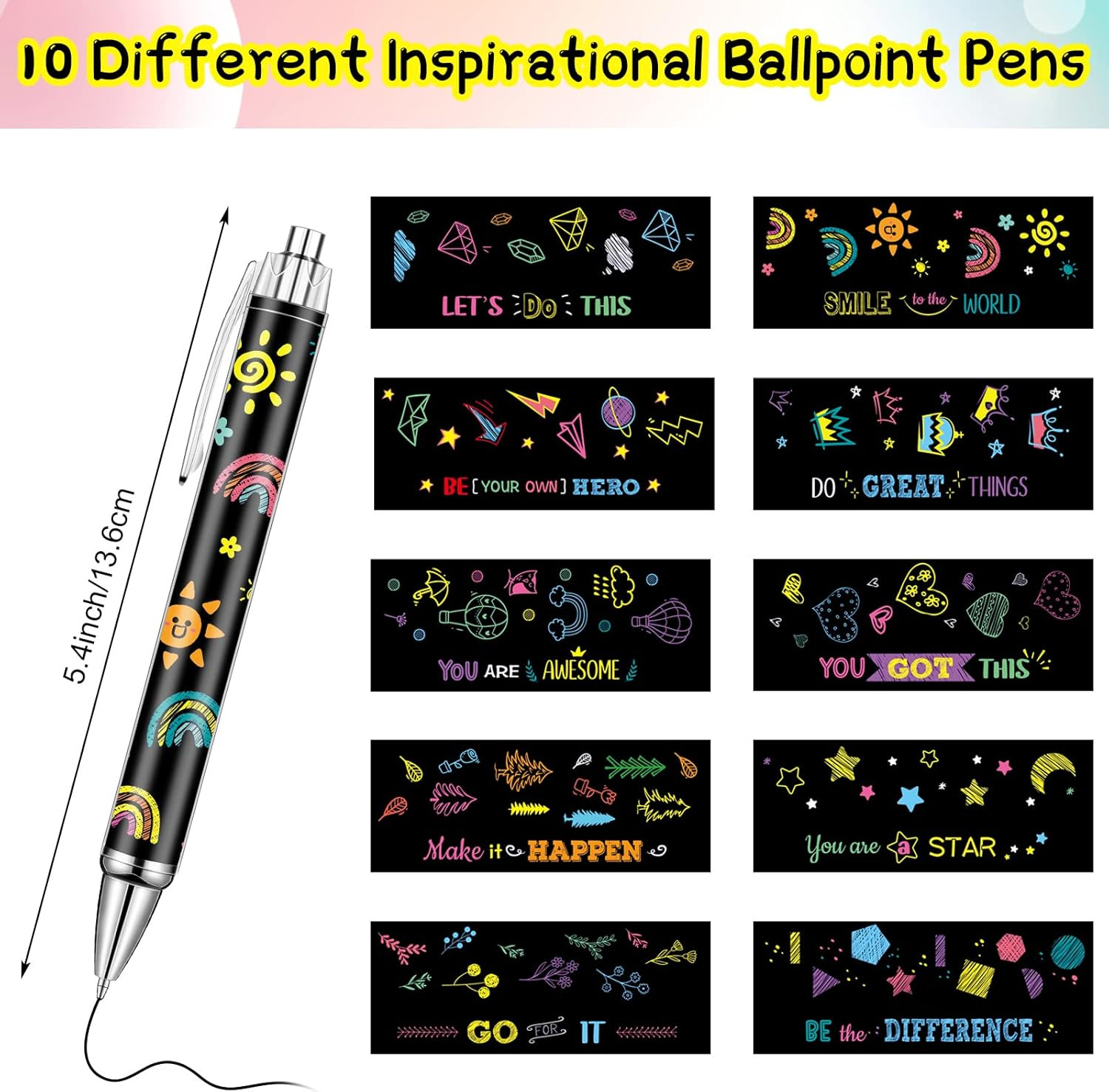 10 Pcs Inspirational Ballpoint Pens Retractable Funny Black Ink Pen Set with Sty