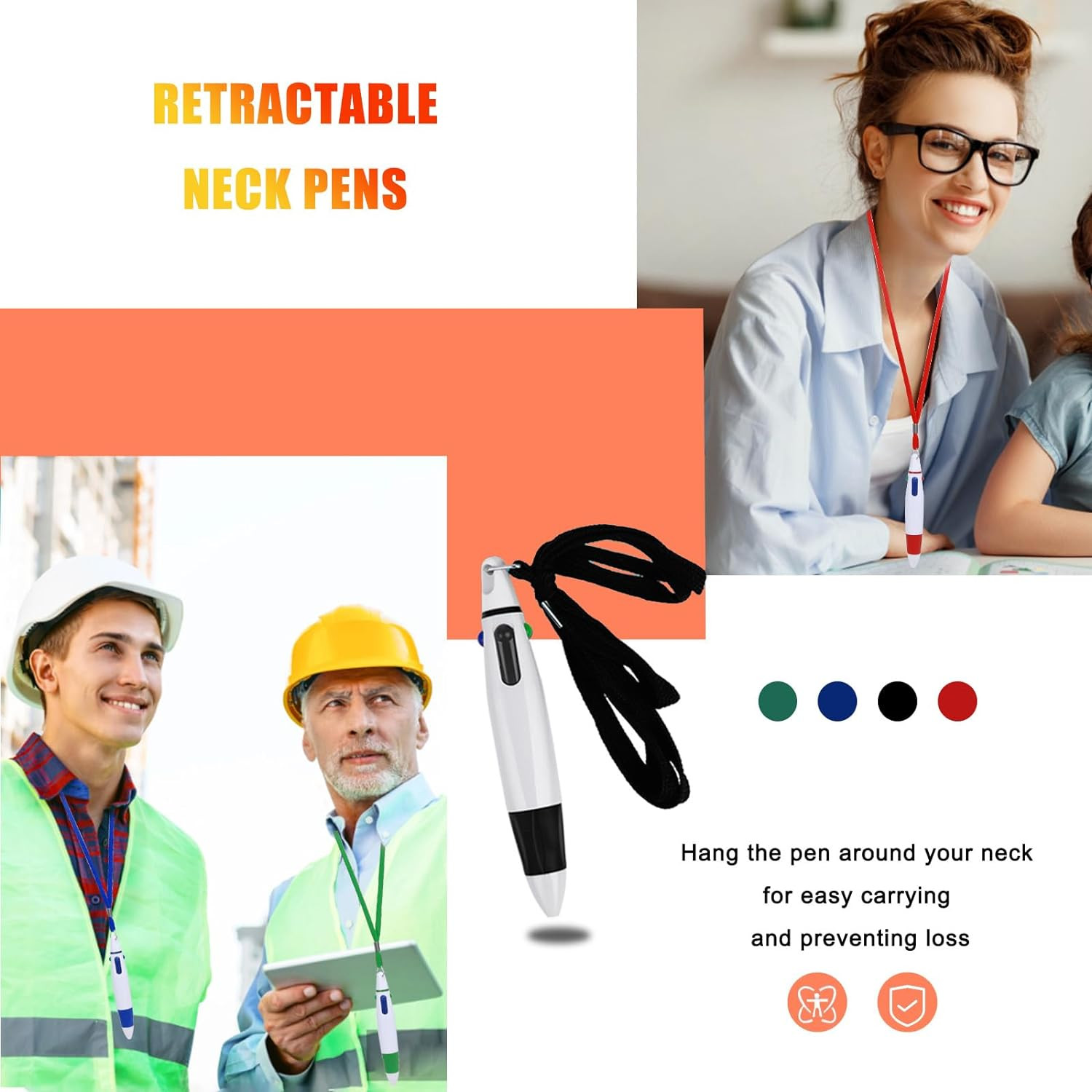 5 Pcs Retractable Pen with Lanyard, Neck Pens Multicolor Pen Rope Shuttle Pen 4