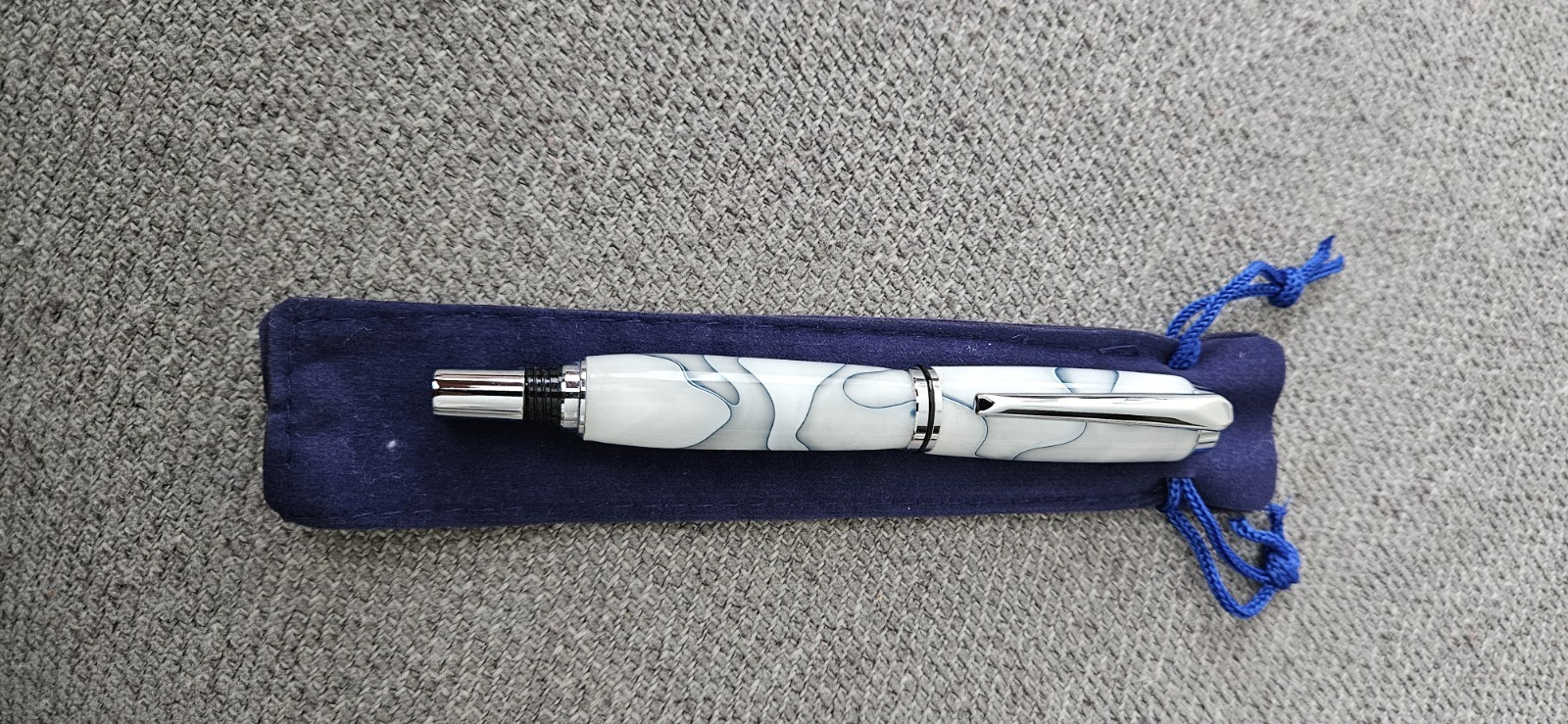 White & Blue/Gray Swirl Resin RollerBall Pen, Chrome Trim, Black Ink, w/ Pouch