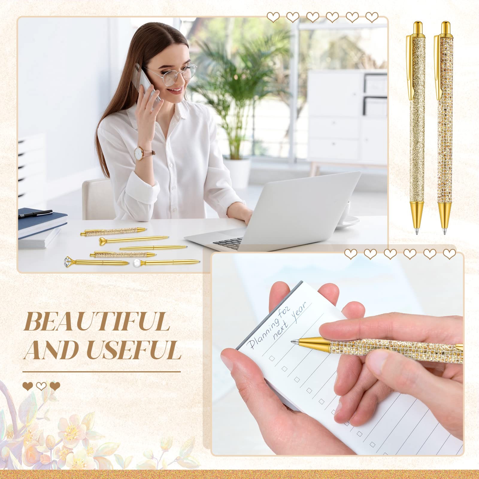 Qeeenar 6 Pcs Ballpoint Pens Set Metal Crystal Diamond Pen for Journaling Glitte