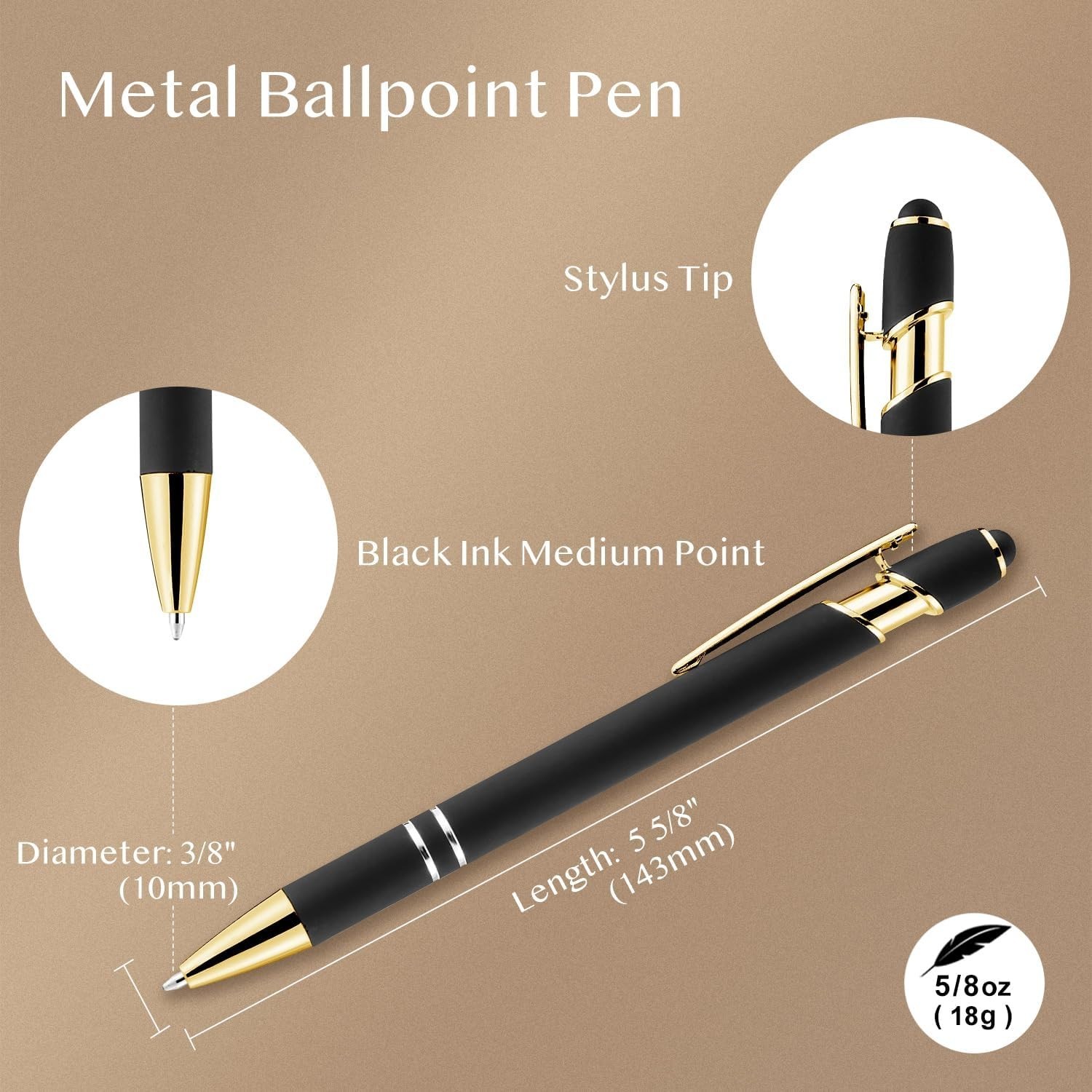 12 Pack Black Gold Ballpoint Pen with Stylus Tip 1.0 Mm Black Ink Smooth Writing
