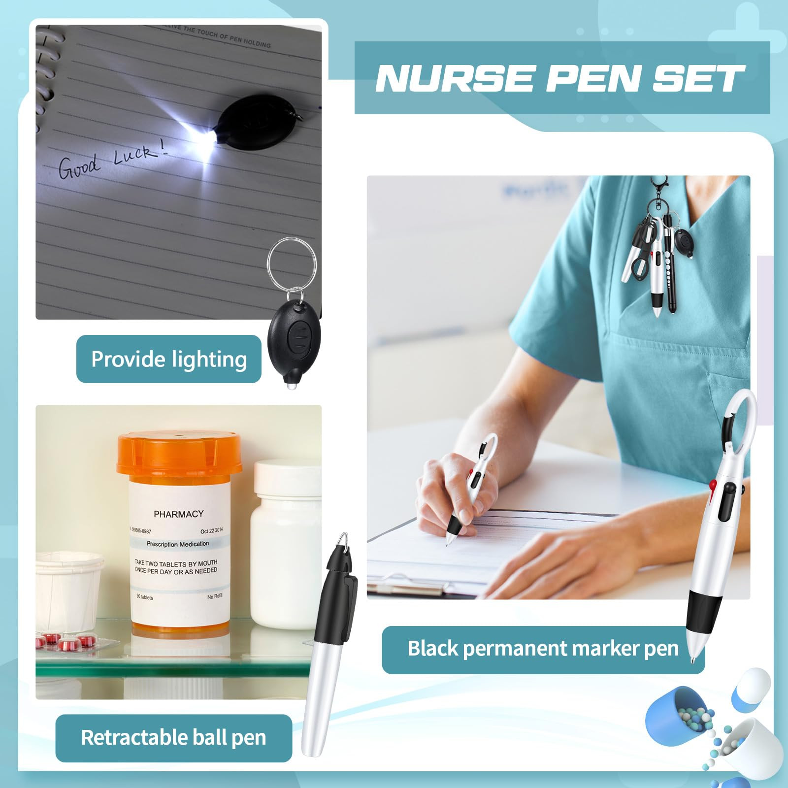 Nurse Pen Set with Marker Pen LED Light Scissors Keychain Clip and Flashlight