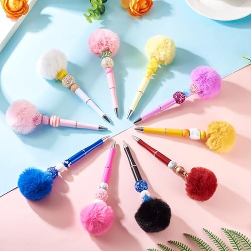10 Pcs Fluffy Beadable Pens Plush Ball Beaded Pens,Fancy Fuzzy Pom Pom Black
