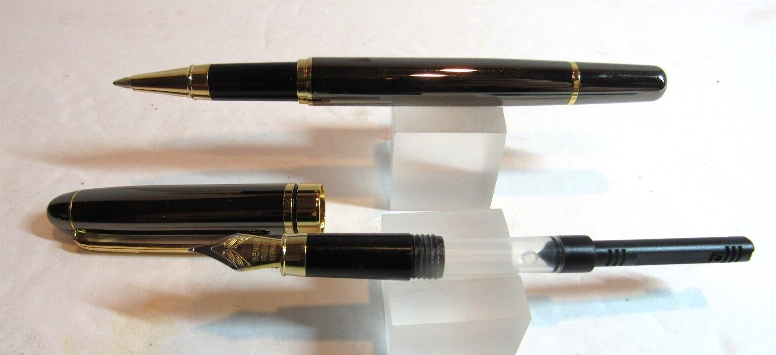 TERZETTI EXECUTIVE METAL BRASS ROLLERBALL/FOUNTAIN PEN-METALLIC BLACK+POUCH