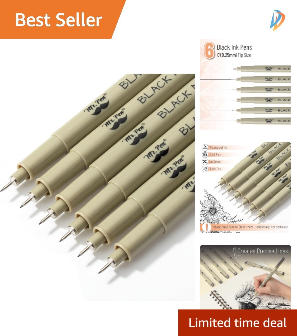 0.25mm Micro Pens – 6 Pack of Quick-Dry Black Ink Fineliners for Professionals
