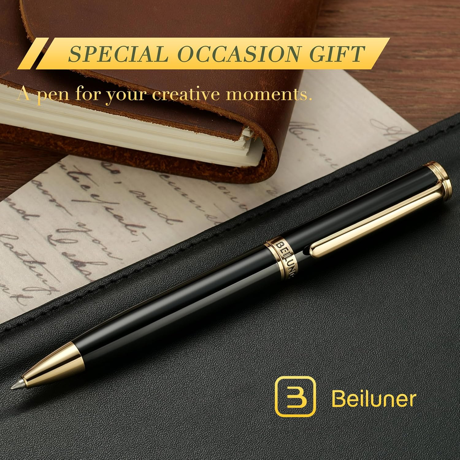 BEILUNER Luxury Gel Pen with 24K Gold Finish, Black Piano Lacquer, Luxury Grade