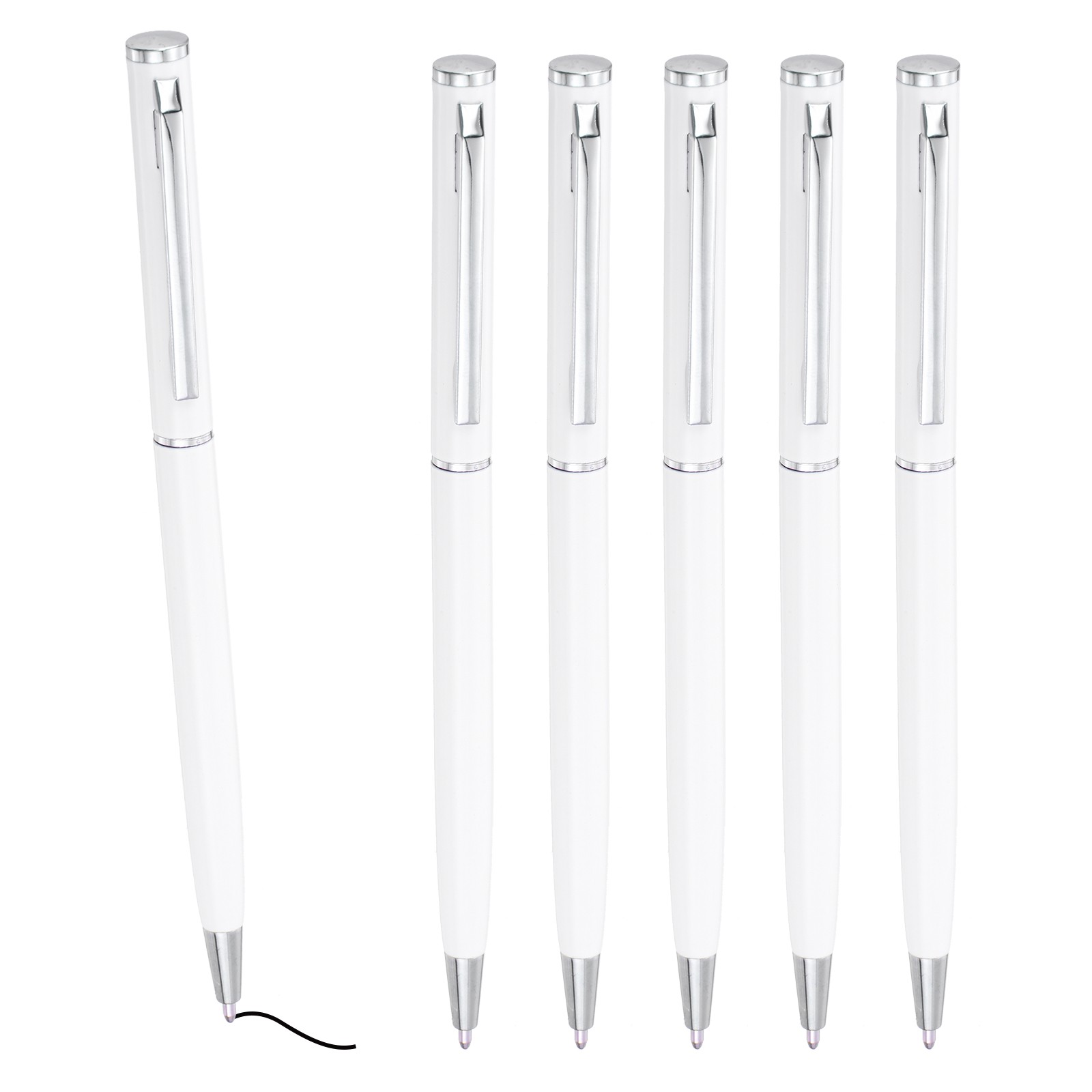 Slim Metallic Ballpoint Pen, 6Pcs Black Ink 1mm Medium Point Pen, White