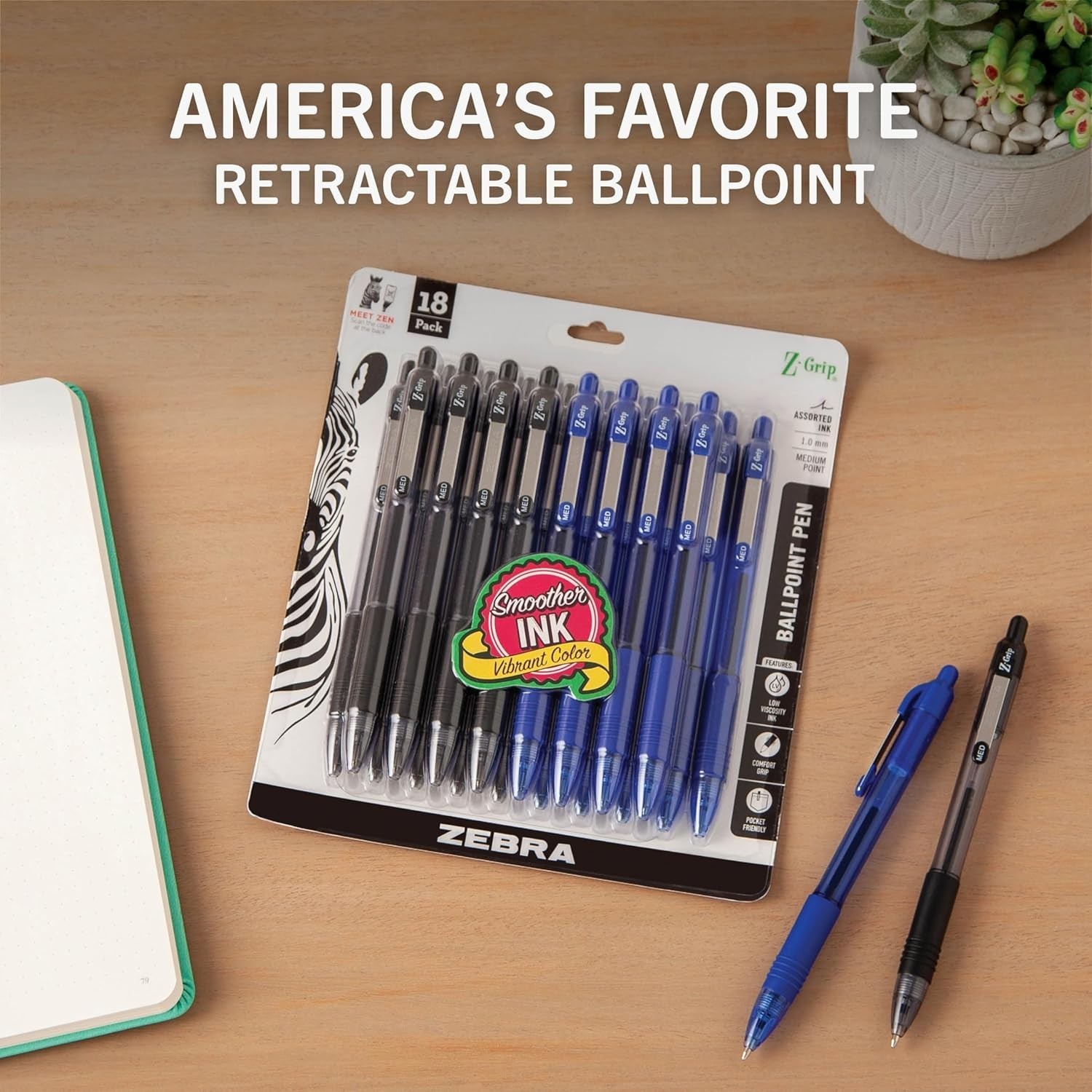 Ergonomic Z-Grip Retractable Ballpoint Pens, 1.0mm, Black and Blue Ink, 18-Pack