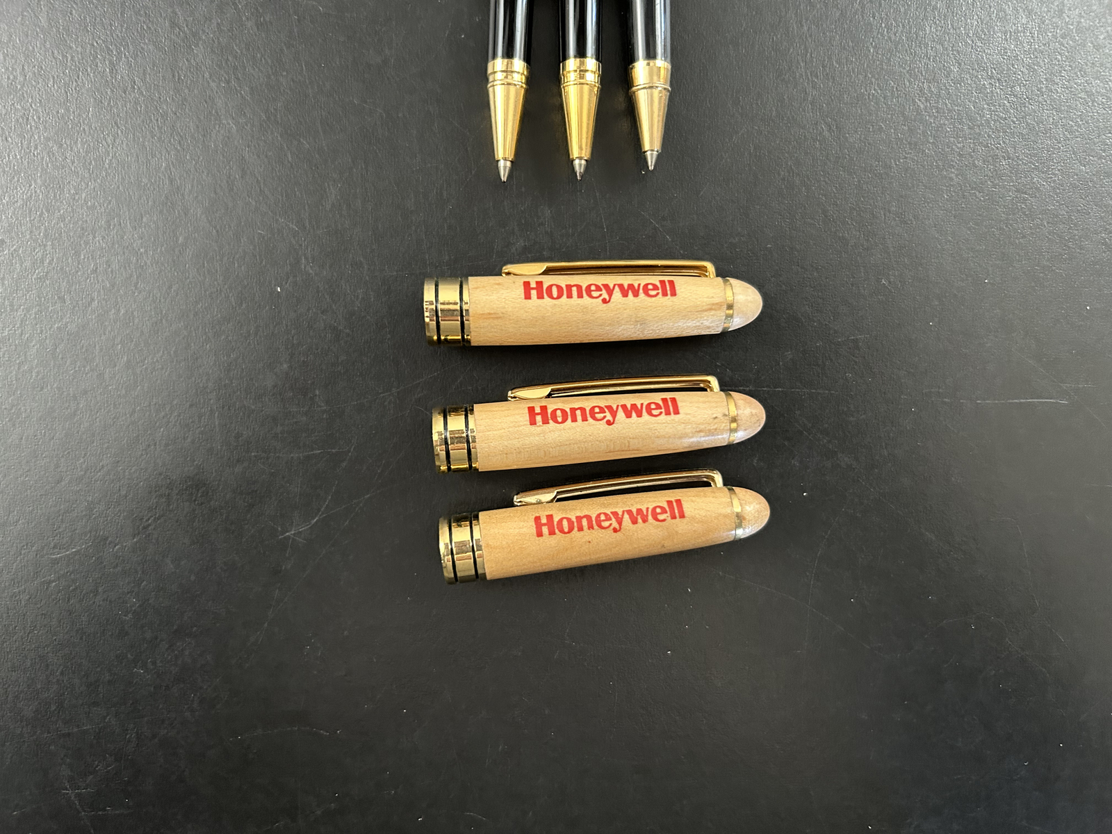 Lot of 3 Wooden Case Pen Ball TC Roller Pens Honeywell Branded Working Smooth