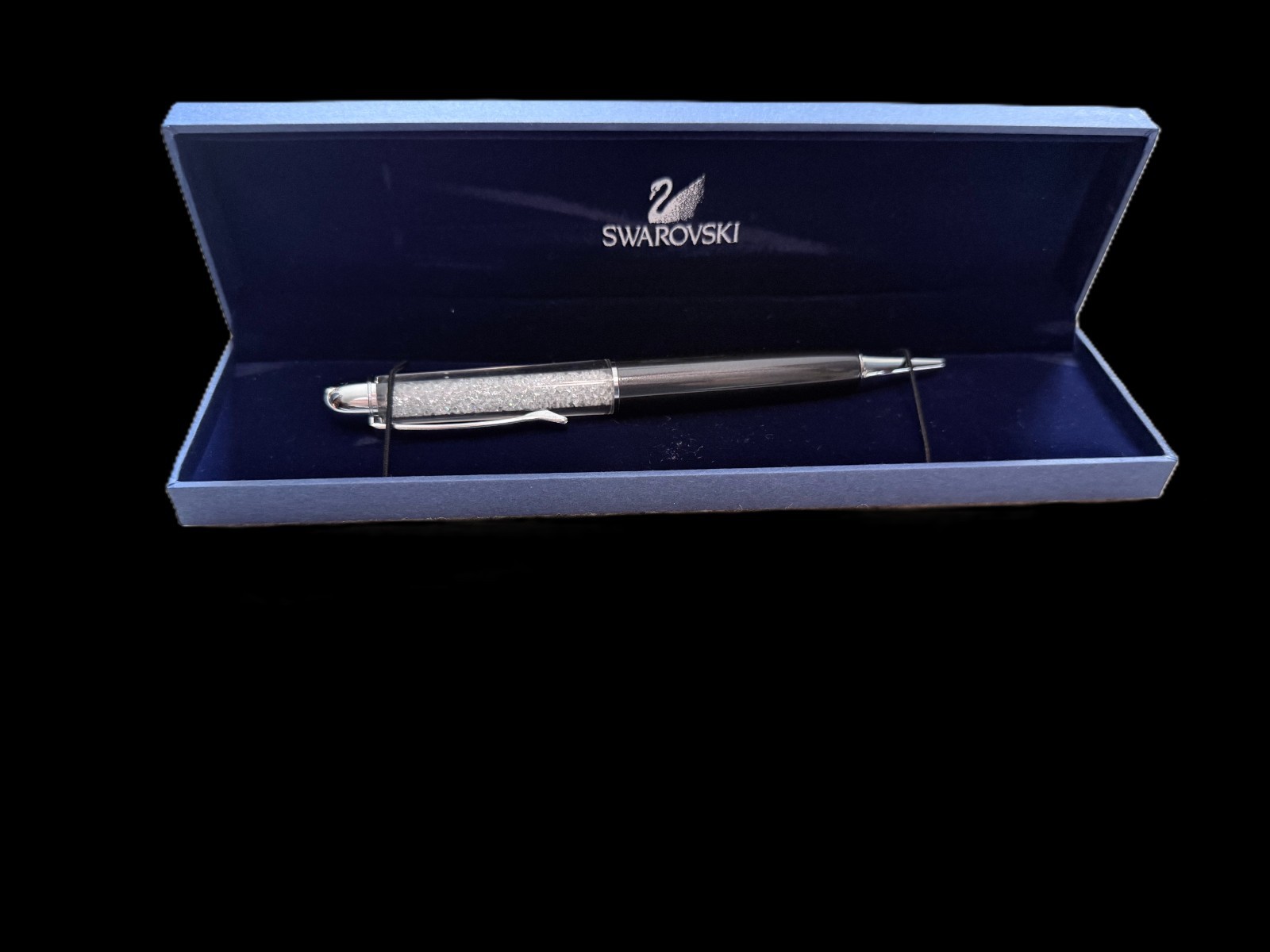 Swarovski Crystalline Grey Black Chrome Plated Black Ink Ballpoint Pen – New
