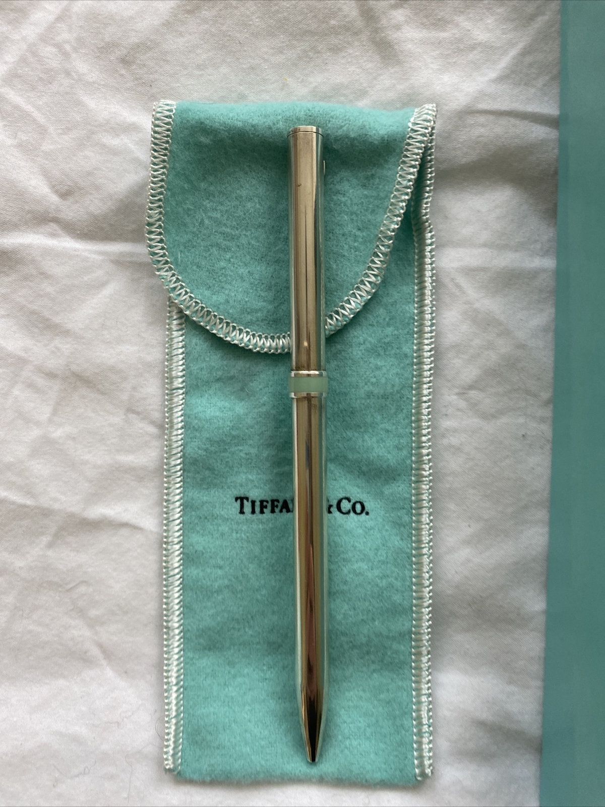 Tiffany & Co. Sterling Silver T-Clip Ballpoint Pen with Blue Enamel Detail. DS