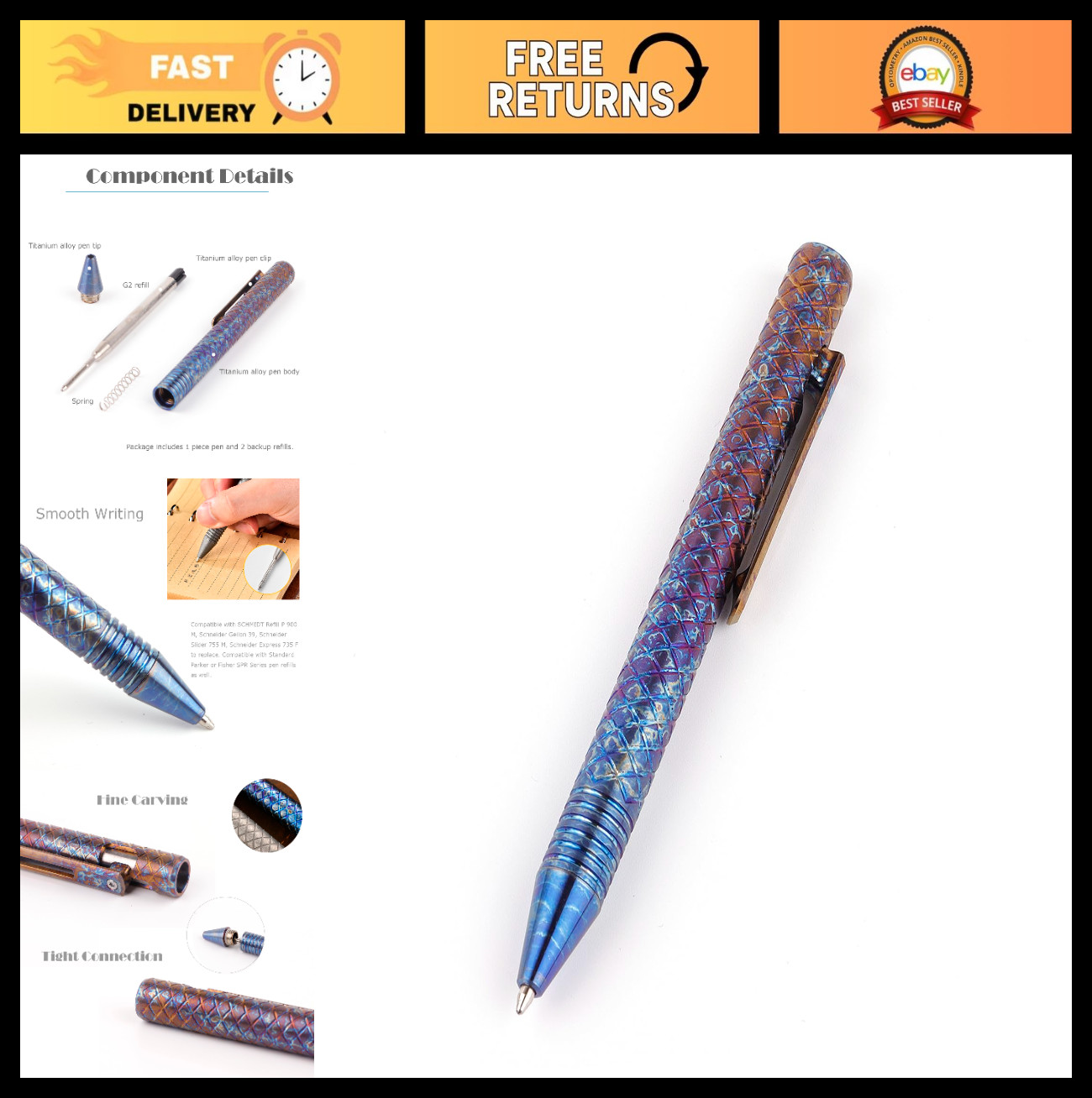Titanium Bolt Action Pen with Pocket Clip – 4.76″ Refillable Ballpoint Writing T