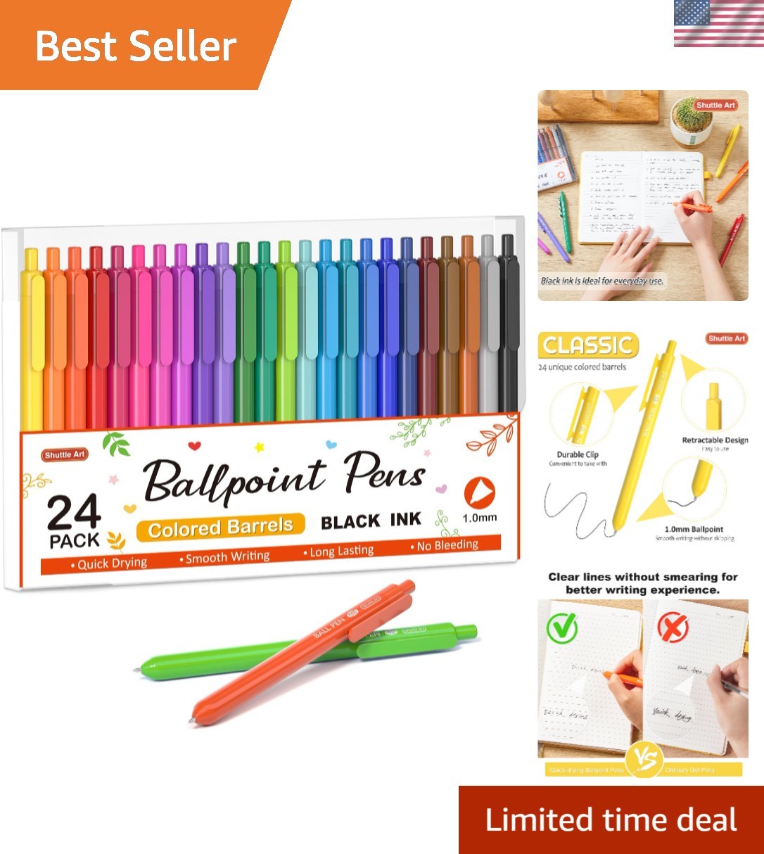 24 Count Colored Ballpoint Pens: Retractable, Quick Drying & Comfortable