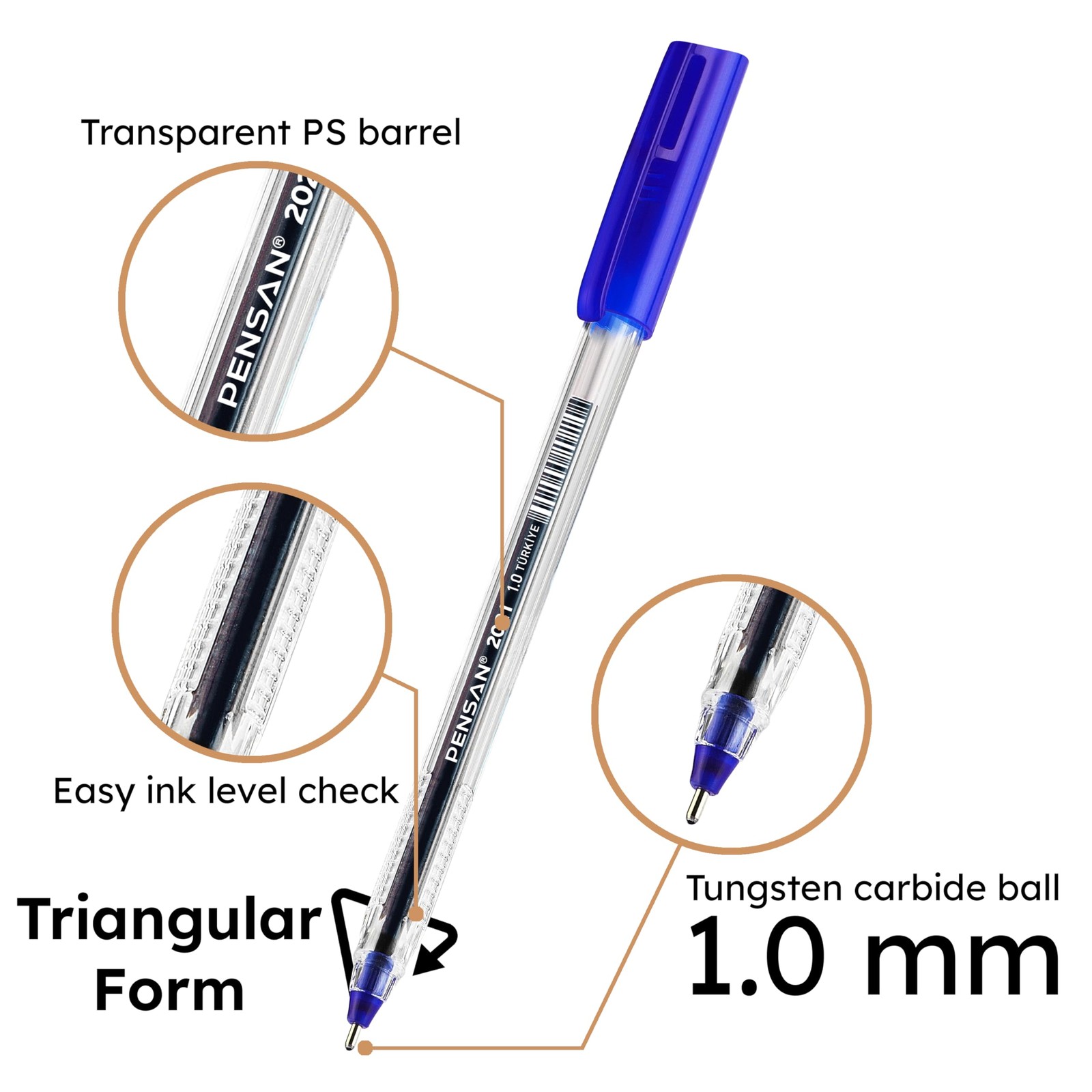 Pensan Blue Ballpoint Pens1.0 Mm Medium Point Blue Pens Ergonomic Triangle Grip