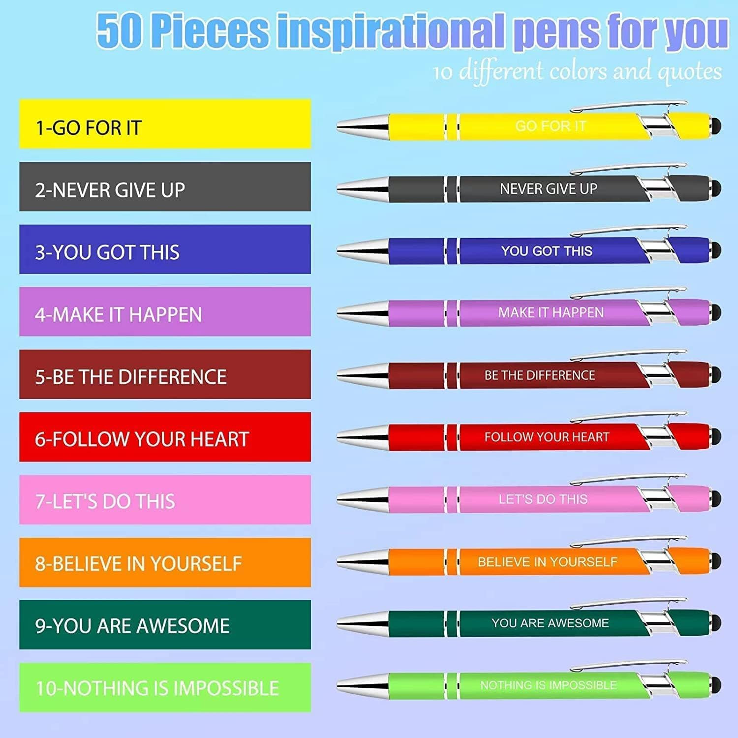 10 Pcs Inspirational Pens – Motivational Ballpoint Ink Pens Bulk with Stylus Tip