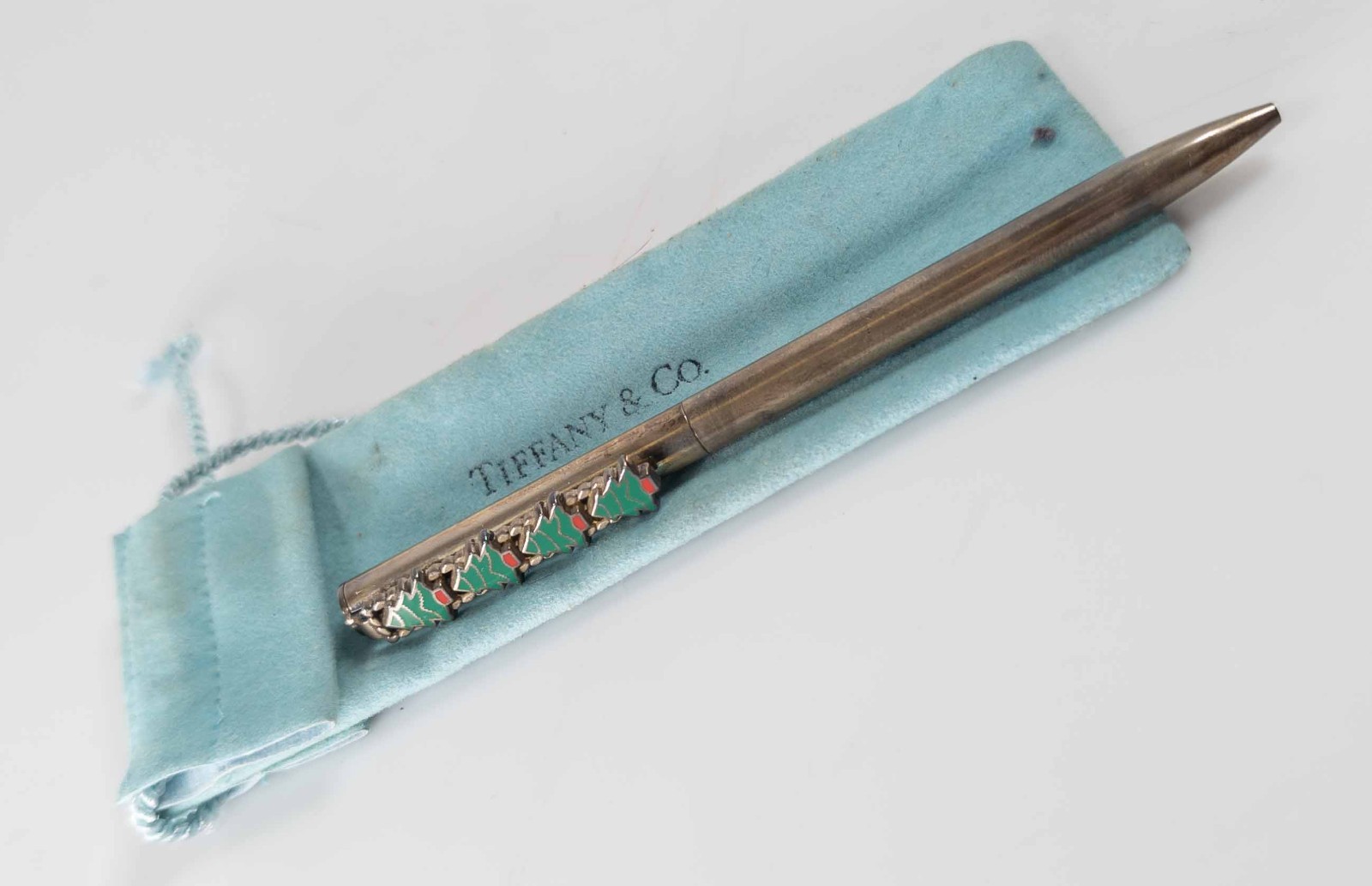 Antique Vintage 1994 Sterling SIlver Tiffany & Co Pen w/ Enamel Christmas Trees