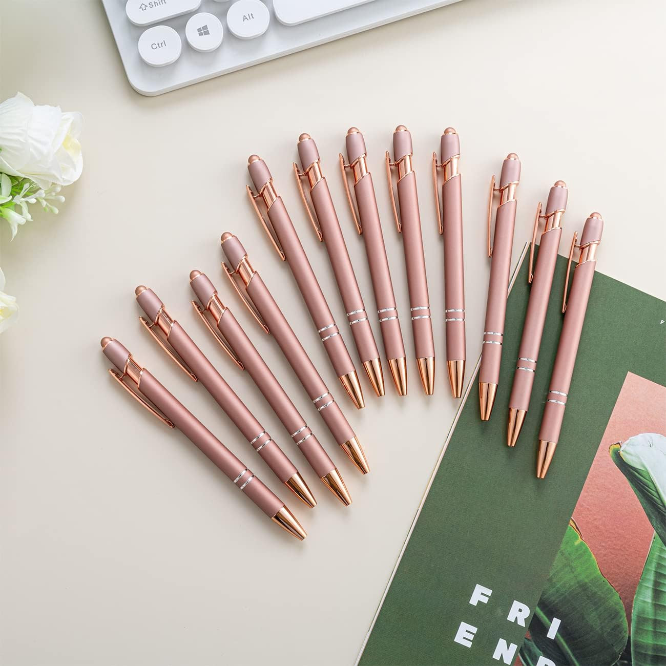 PASISIBICK 12 Pieces Rose Gold Ballpoint Pen with Stylus Tip 2 in 1 Stylish Met