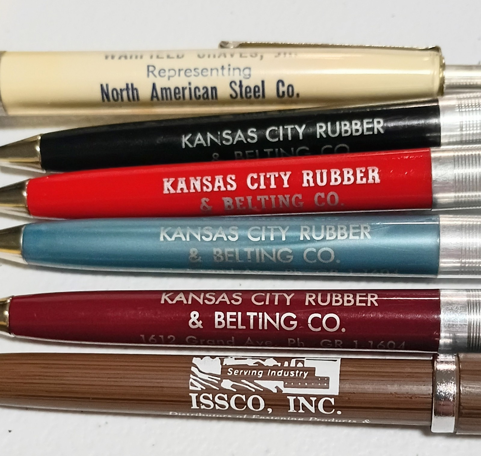 Lot of 6 Vintage Wilkinson-Akers Advertising Ballpoint Pens KC Rubber & Belting