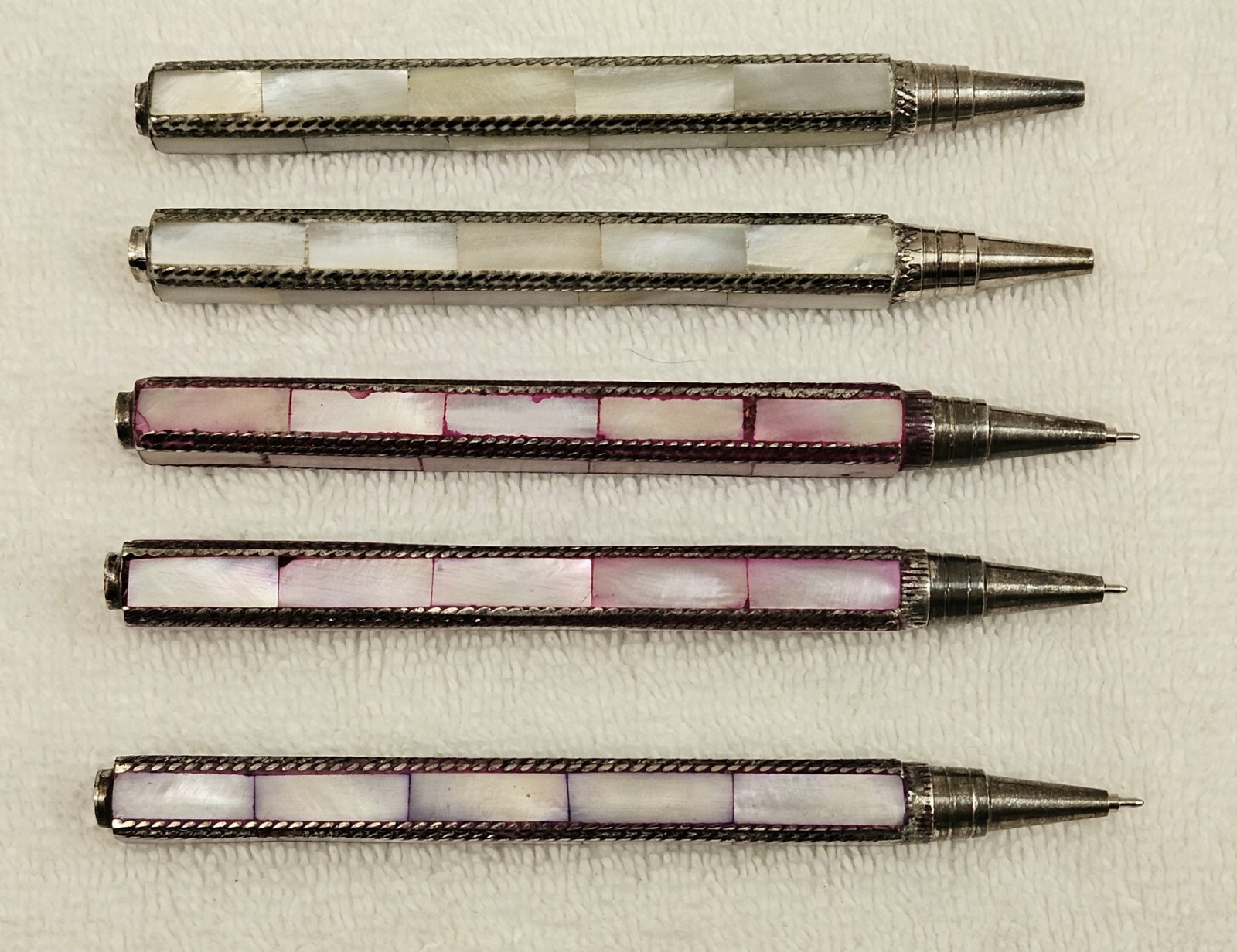 Mother of Pearl Square Pen, Lot of 5 – Pink (2), White, (2) Purple (1)