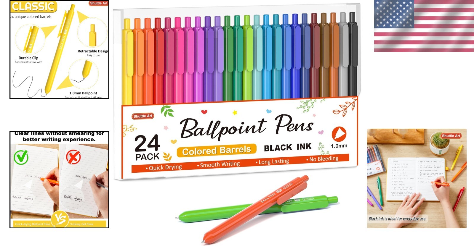 24 Count Colored Ballpoint Pens: Retractable, Quick Drying & Comfortable