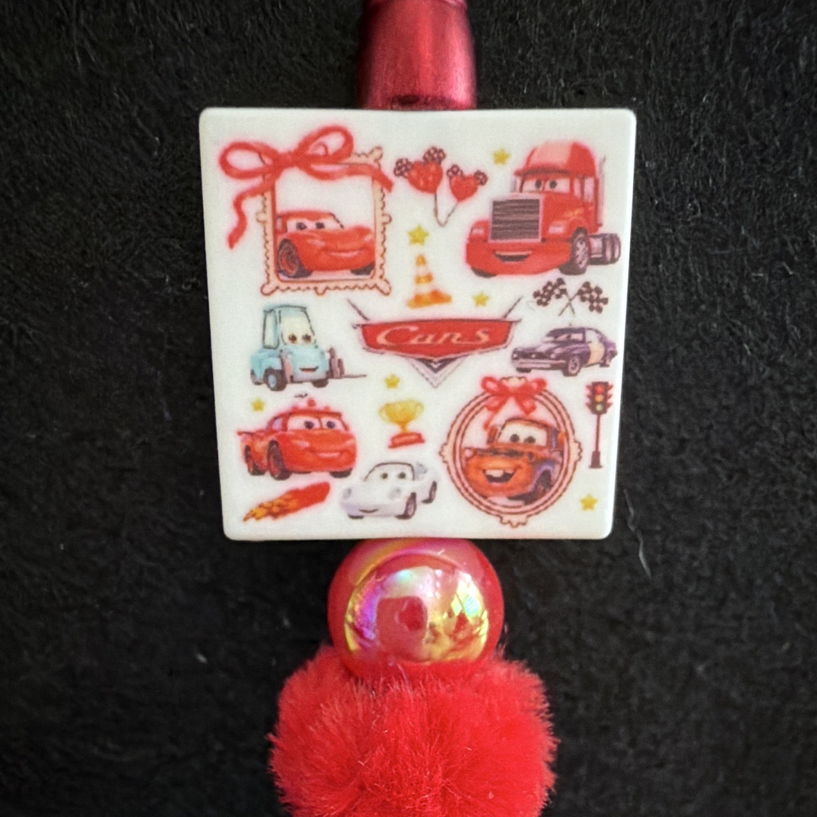 Red Plastic Novelty Ballpoint Pen w/ Pom-Pom & Cartoon Topper, Black Ink