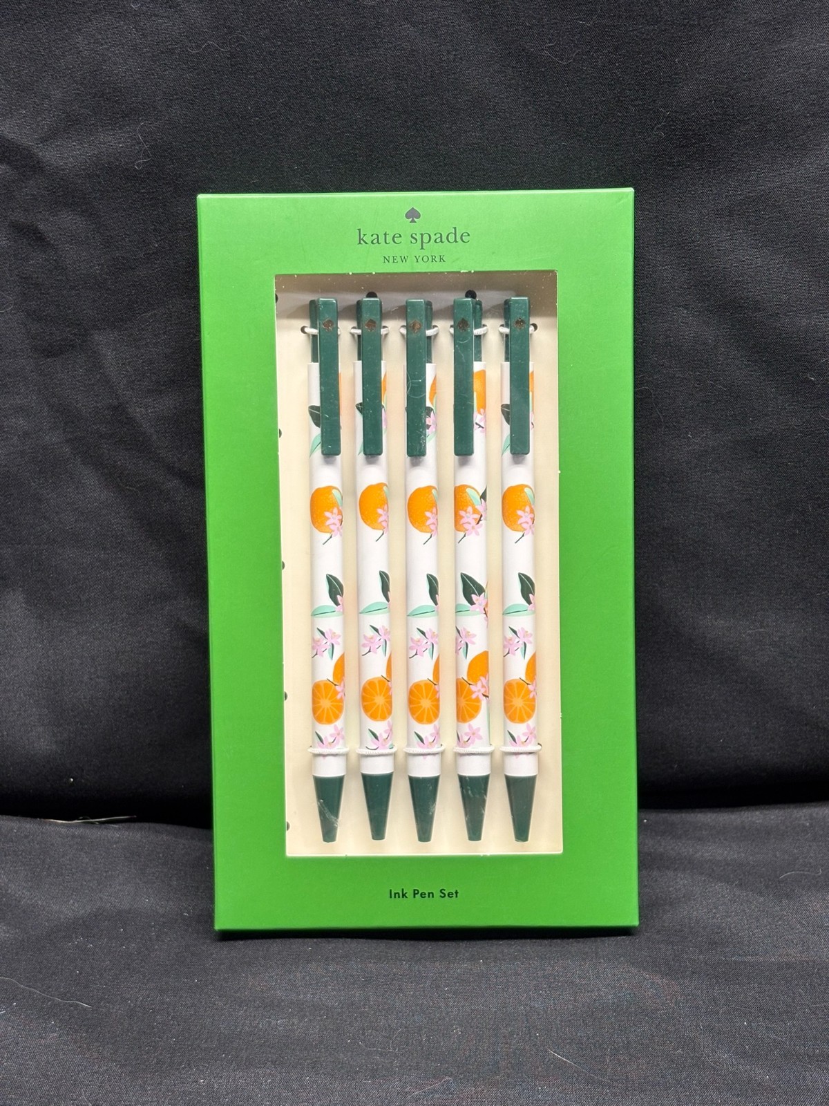 Kate Spade NY Orange Toss Ink Pen Set of 5 – Black Ink, NEW in Original Box