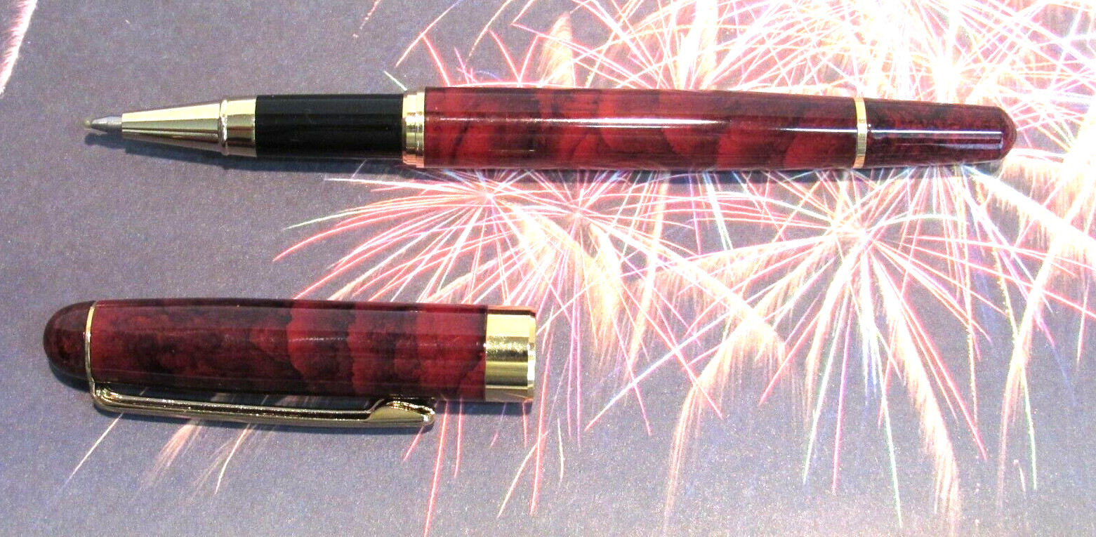 TERZETTI PISA MARBLED RED Metal /GT Trim Rollerball Pen+velvet pouch