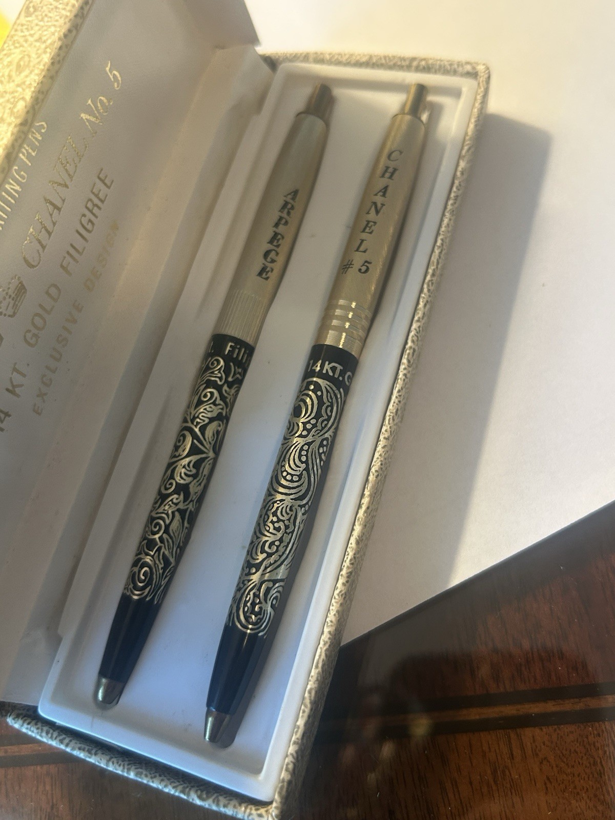 Vintage Arpege & Channel No. 5 Perfumed Writing Pens 14k Gold Filigree Set