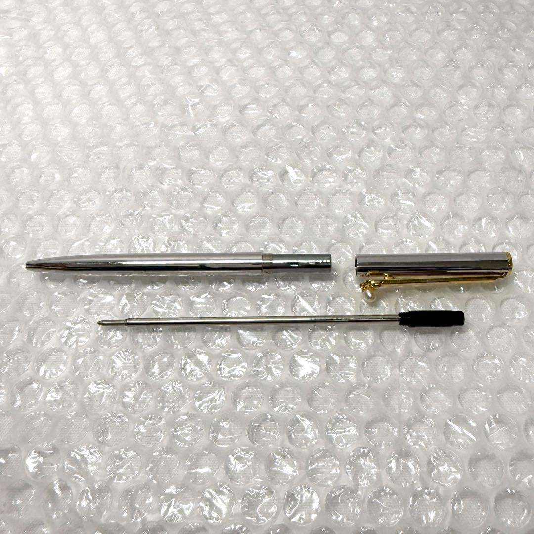 MIKIMOTO Pearl Ballpoint Pen Silver Gold Ribbon Motif Medium Nib Used