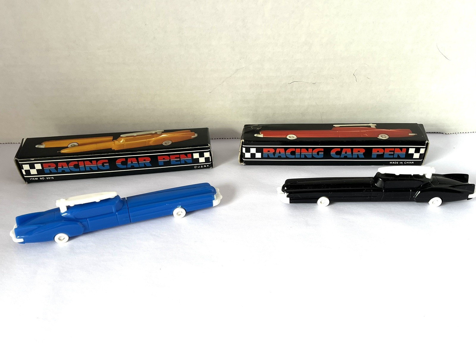 2 Vintage Racing Car Pens In Boxes Blue Black Ink Is Dry