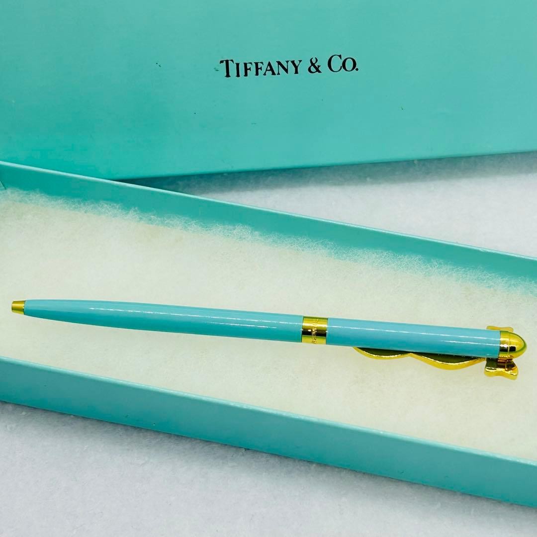 Tiffany & Co Bow Motif Ballpoint Pen Tiffany Blue Gold CIB Box Pouch No Ink AsIs
