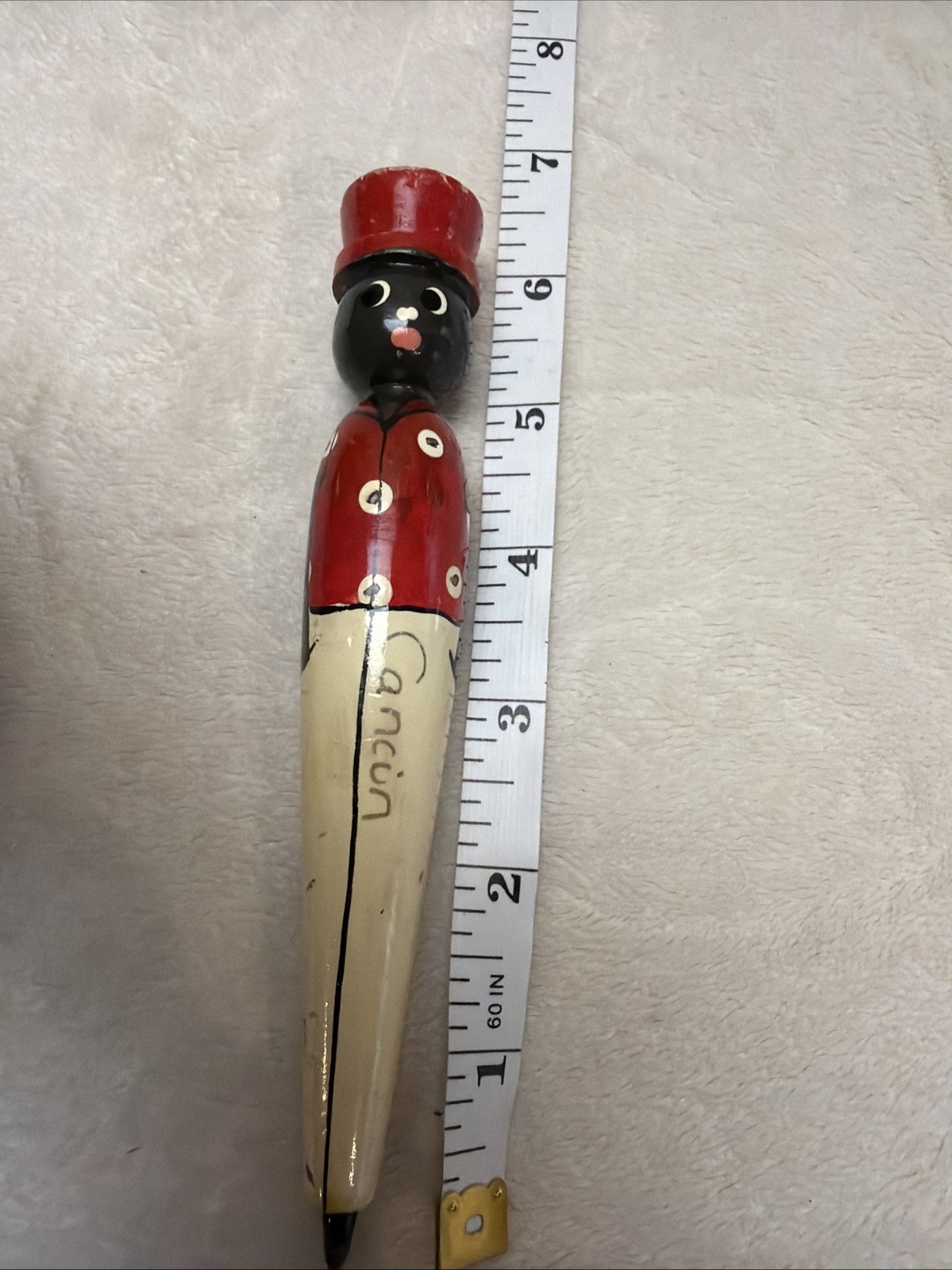 Vintage Collectible Pen From Cancun Featuring A Hand-painted Wooden Figure 6.5”