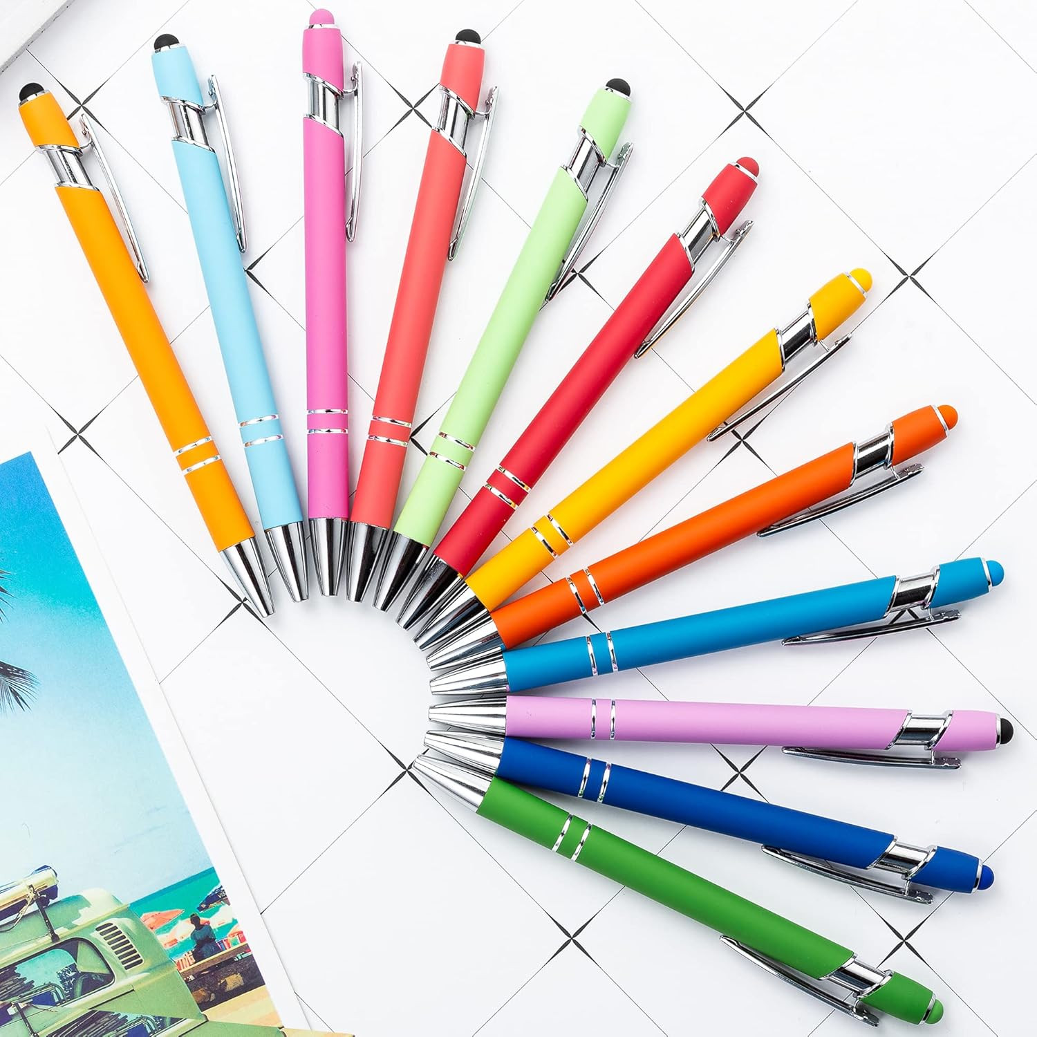 PASISIBICK 12 Pieces Rainbow Rubberized Soft Touch Ballpoint Pen with Stylus Tip