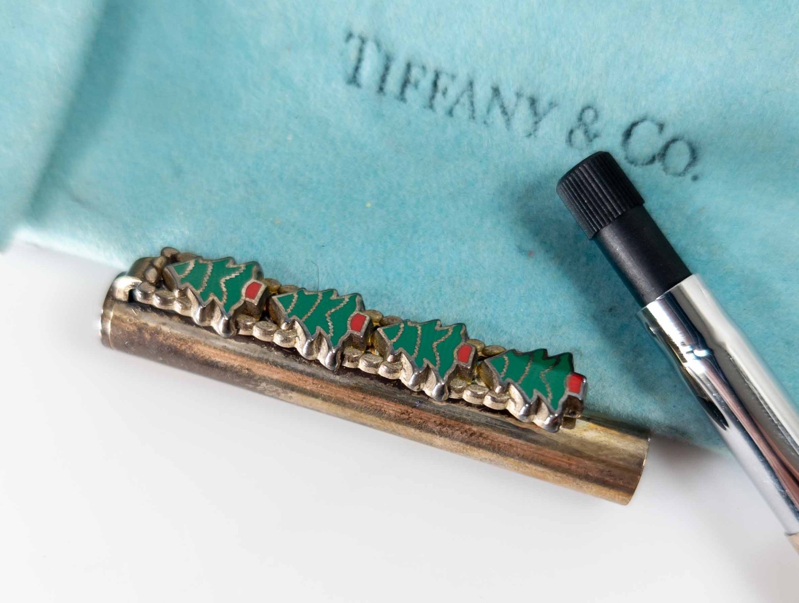 Antique Vintage 1994 Sterling SIlver Tiffany & Co Pen w/ Enamel Christmas Trees