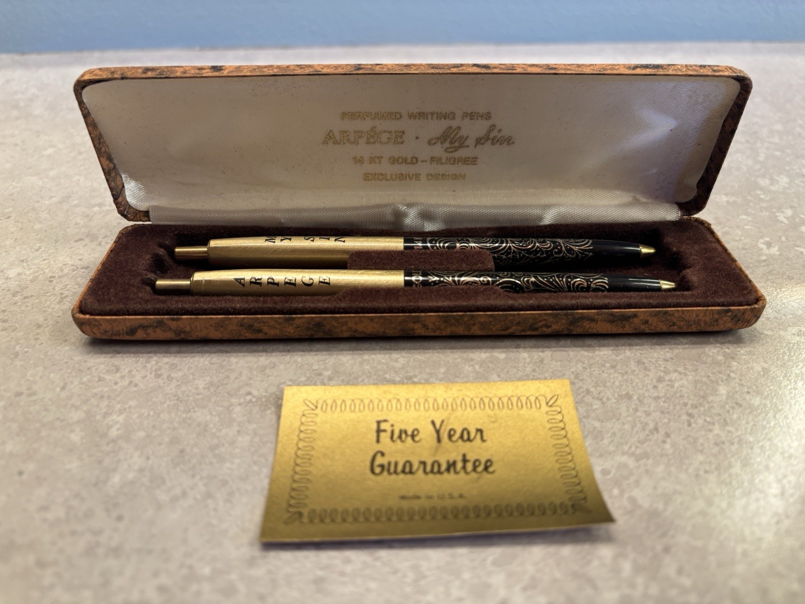 Vintage Arpege – My Sin – Perfumed Ink Pens 14 kt Gold Filigree Set With Case