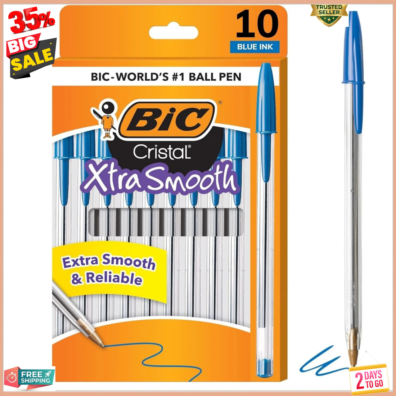 Pack of 10 Ballpoint Pen – Blue Ink Ball Point Pens for Office Writing School