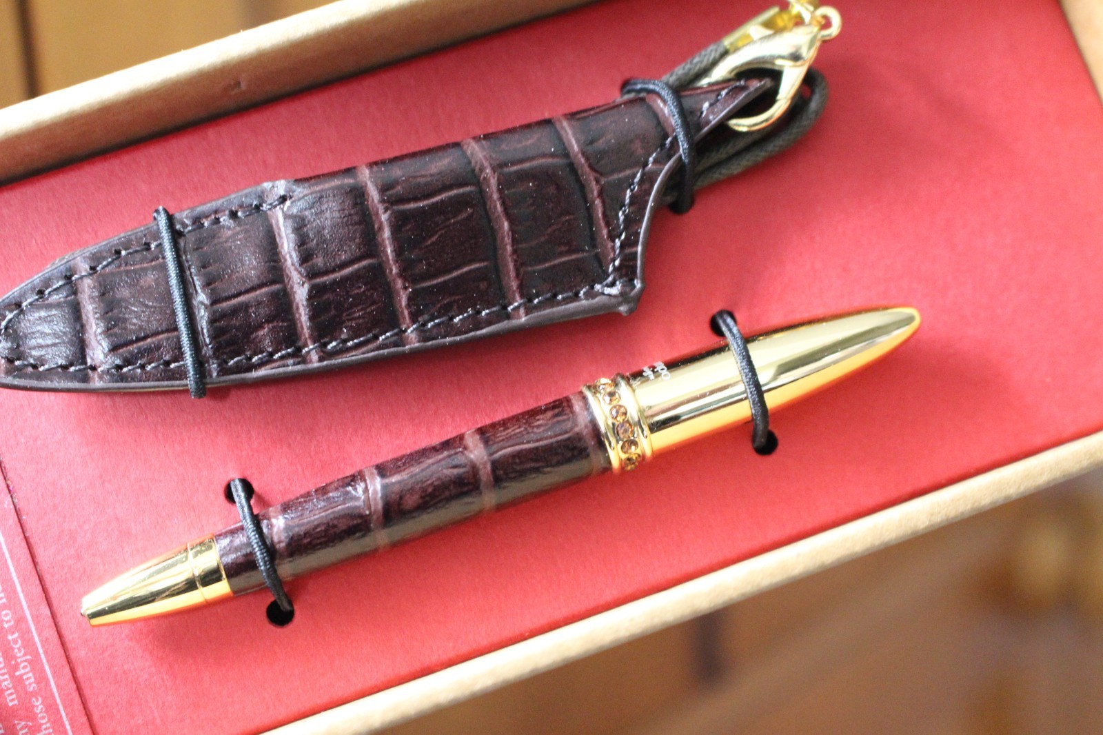 Campo Marzio Italy Ball Point Pen Necklace Brown Mini Crystals Leather Pouch NEW