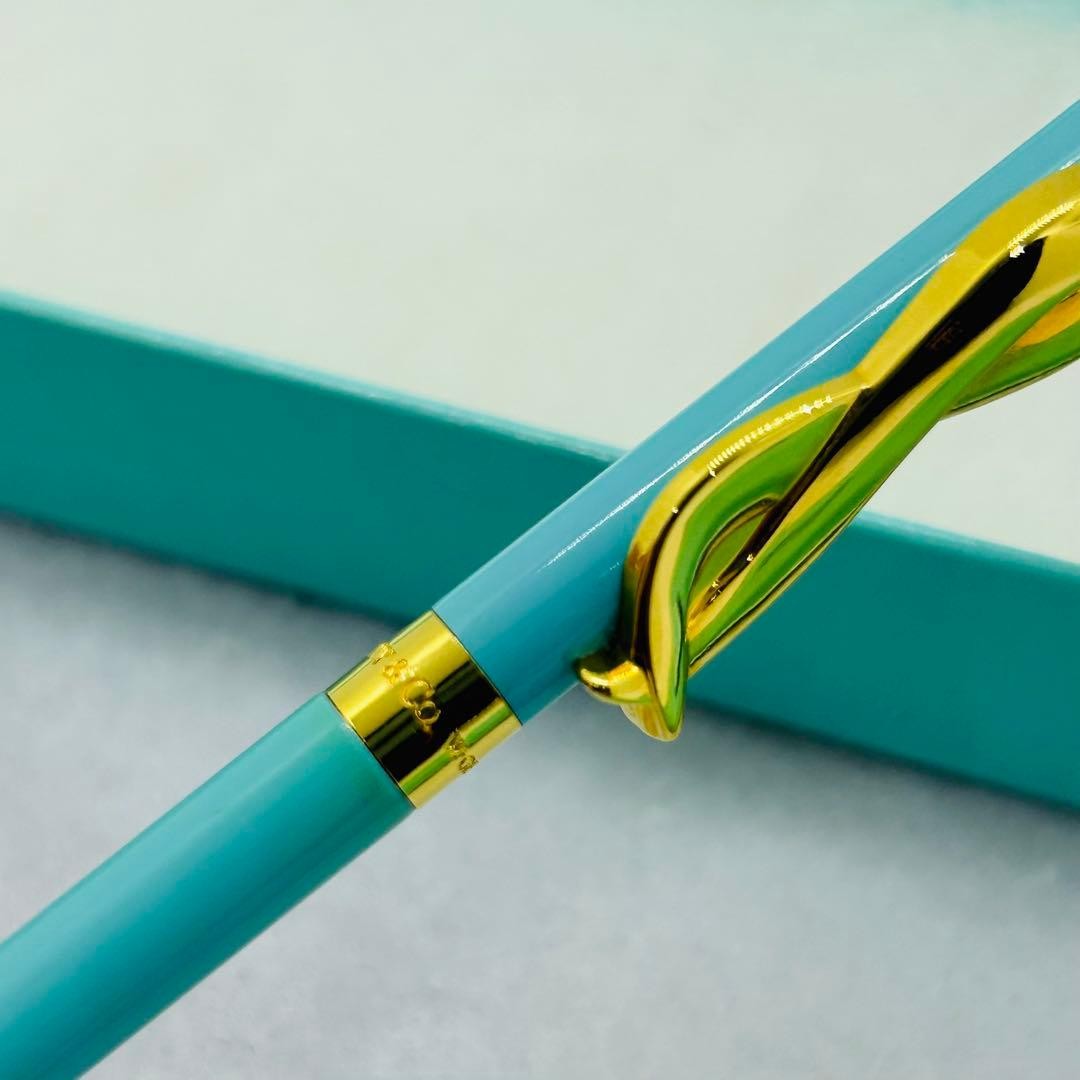 Tiffany & Co Bow Motif Ballpoint Pen Tiffany Blue Gold CIB Box Pouch No Ink AsIs
