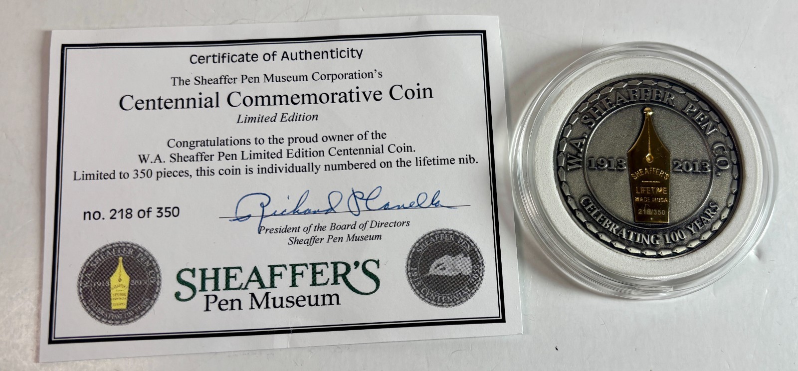 Sheaffer Pen Museum Centennial Commemorative Coin #218/350 Limited Edition COA
